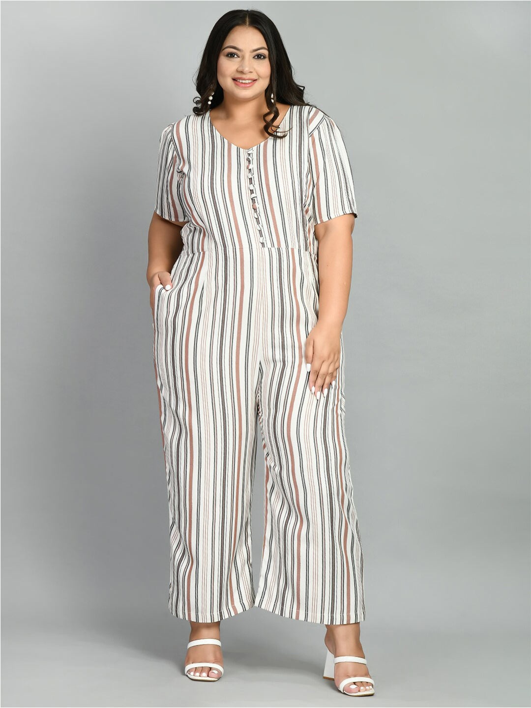 

PrettyPlus by Desinoor.com Plus Size Striped Basic Jumpsuit, Off white