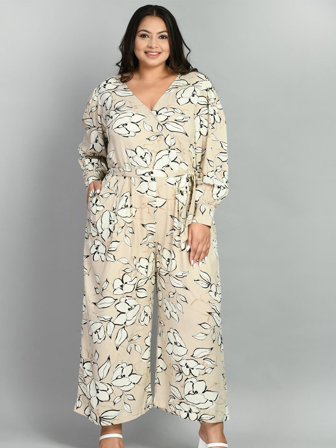 

PrettyPlus by Desinoor.com Plus Size Floral Printed Basic Jumpsuit, Beige