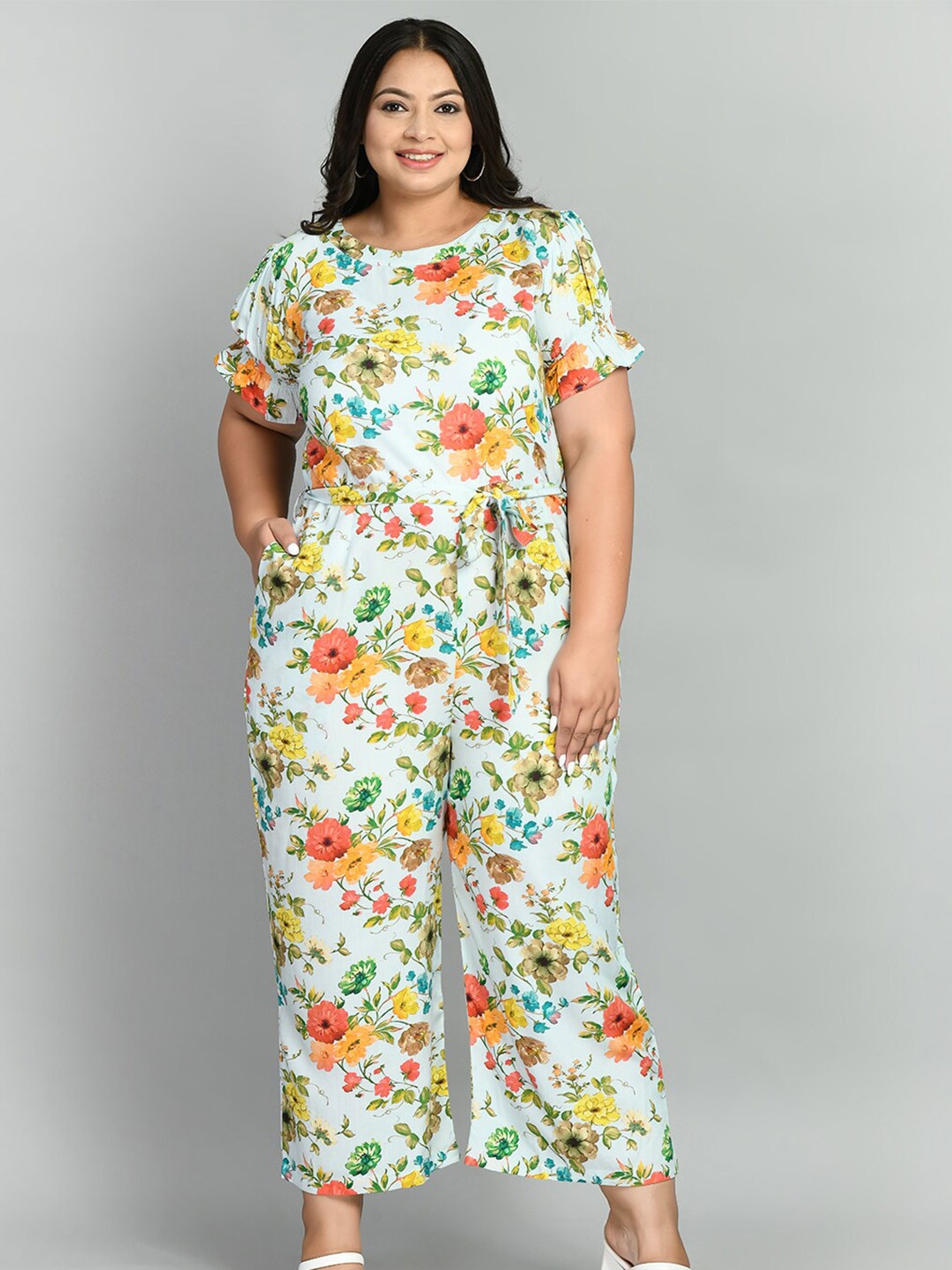 

PrettyPlus by Desinoor.com Plus Size Floral Printed Basic Jumpsuit, Blue