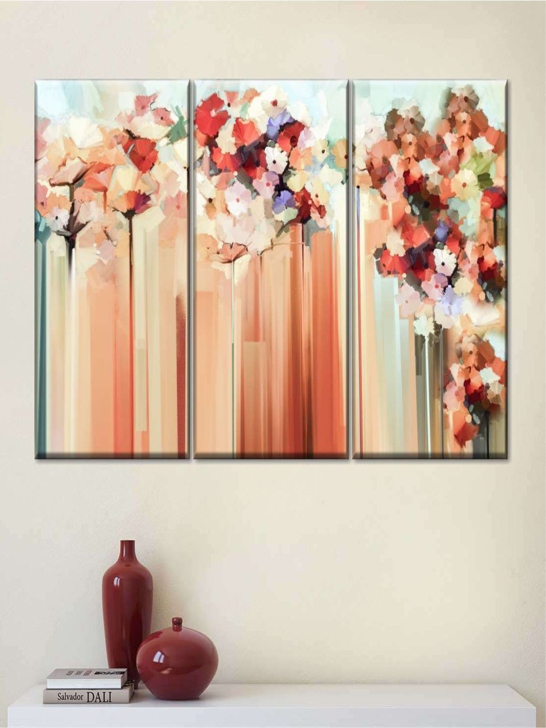 

POSTERS AND TRUSS Orange Coloured 3 Pieces Floral Abstract Painting Wall Art