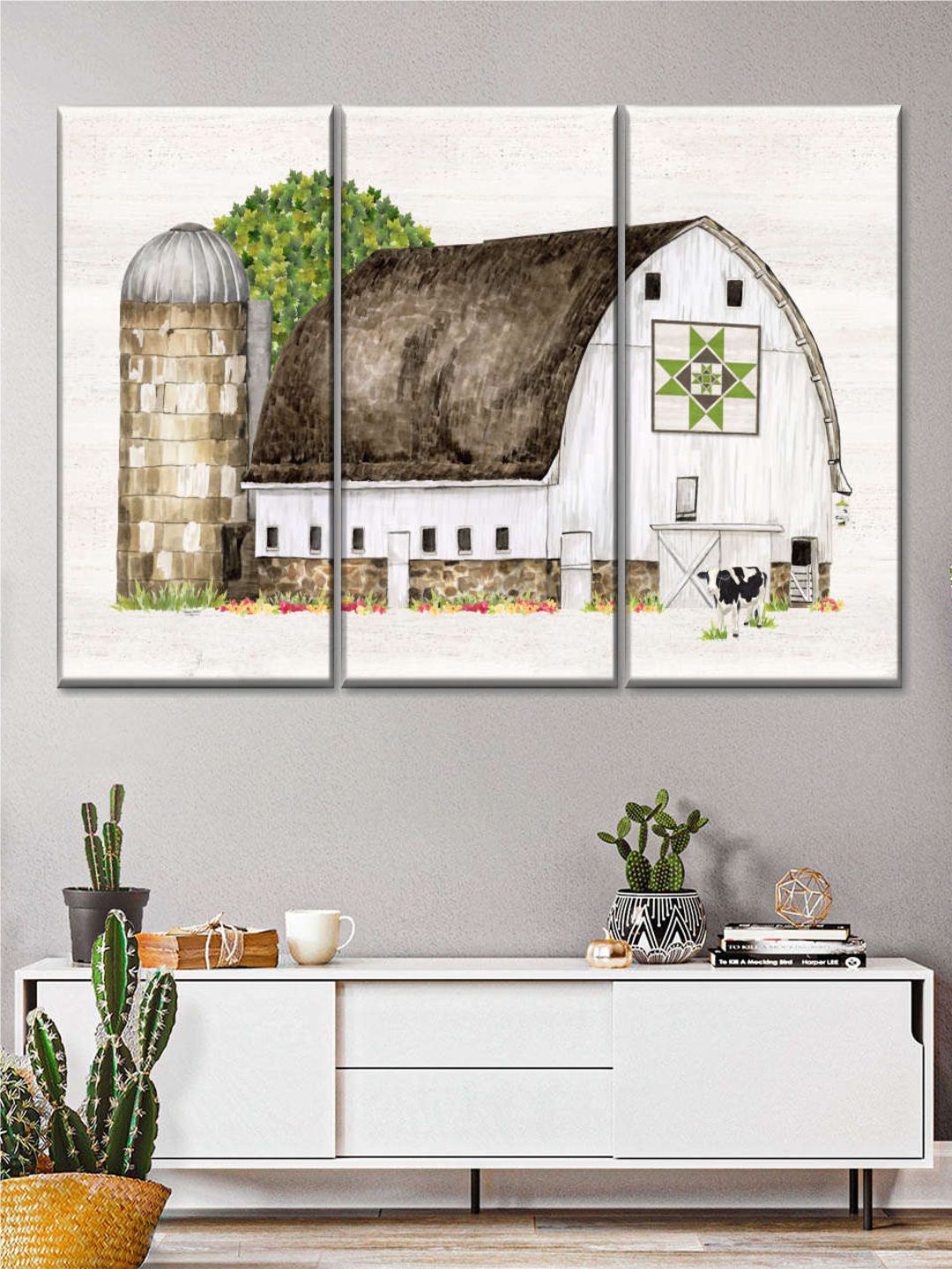 

POSTERS AND TRUSS Off White & Green 3 Pieces Spring & Summer Painting Wall Art