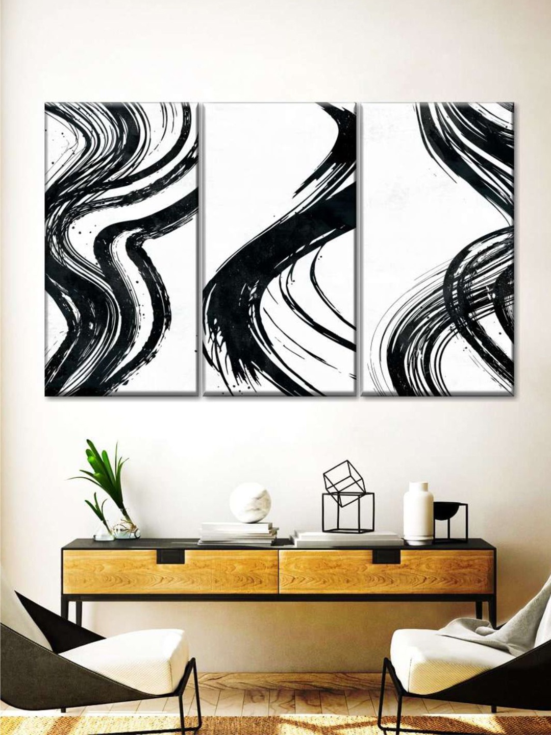 

POSTERS AND TRUSS White & Black 3 Pieces Wispy Black Brush Strokes Wall Art