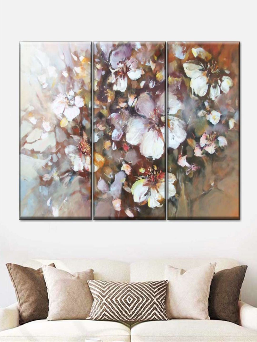 

POSTERS AND TRUSS White & Brown 3 Pieces Abstract Almonds Blossom Painting Wall Art