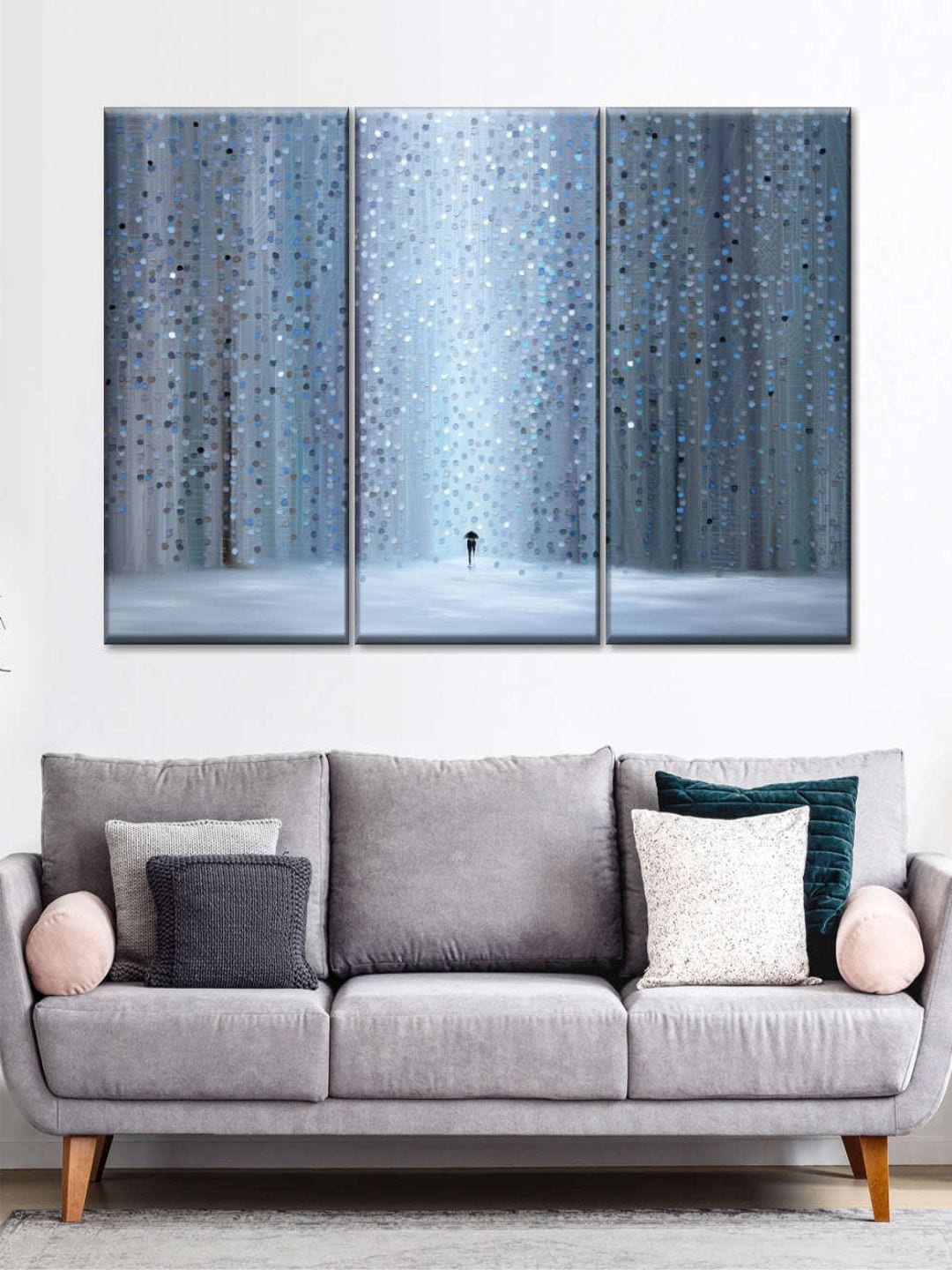 

POSTERS AND TRUSS Grey & Blue 3 Pieces Rainy Stroll Painting Wall Art