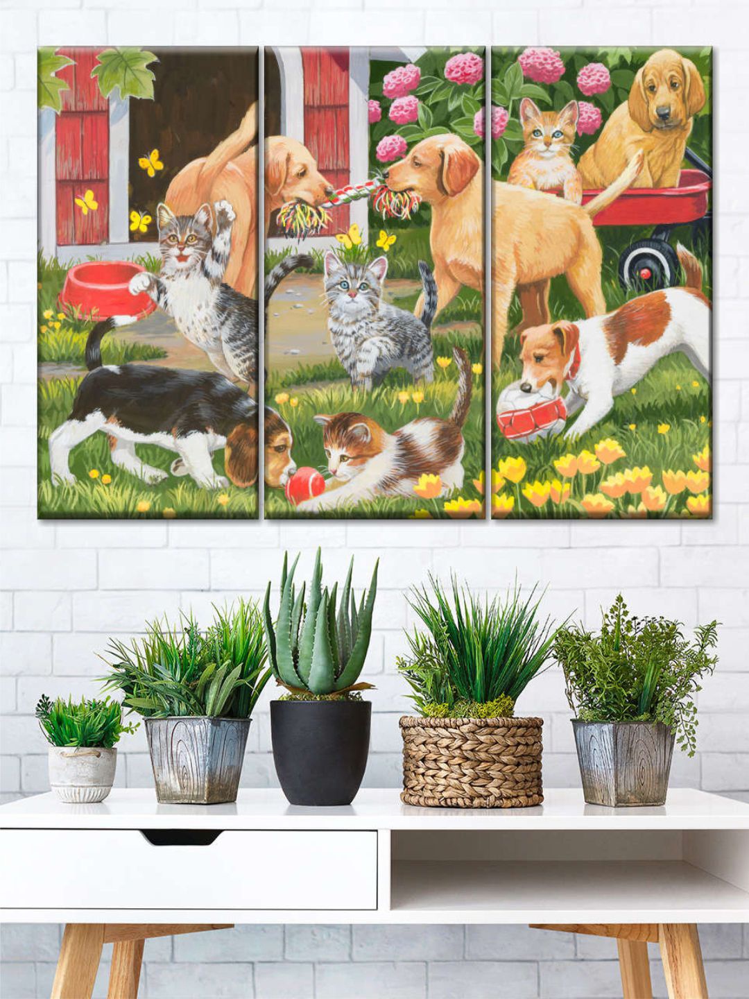 

POSTERS AND TRUSS Green & Beige 3 Pieces Puppies & Kittens Painting Wall Art