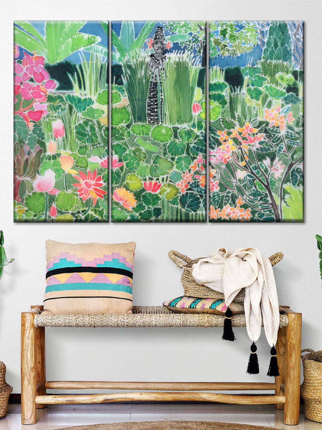 

POSTERS AND TRUSS Green & Pink 3 Pieces Lotus Pond Ubud Bali Painting Wall Art