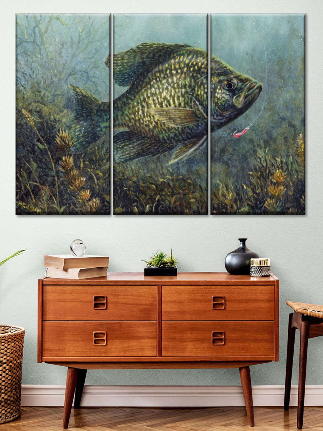

POSTERS AND TRUSS Green 3 Pieces Black Crappie Painting Wall Art