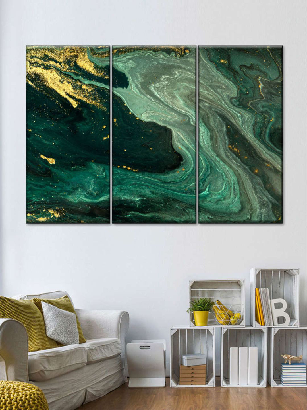 

POSTERS AND TRUSS Green & Gold Toned 3 Pieces Abstract Painting Wall Art