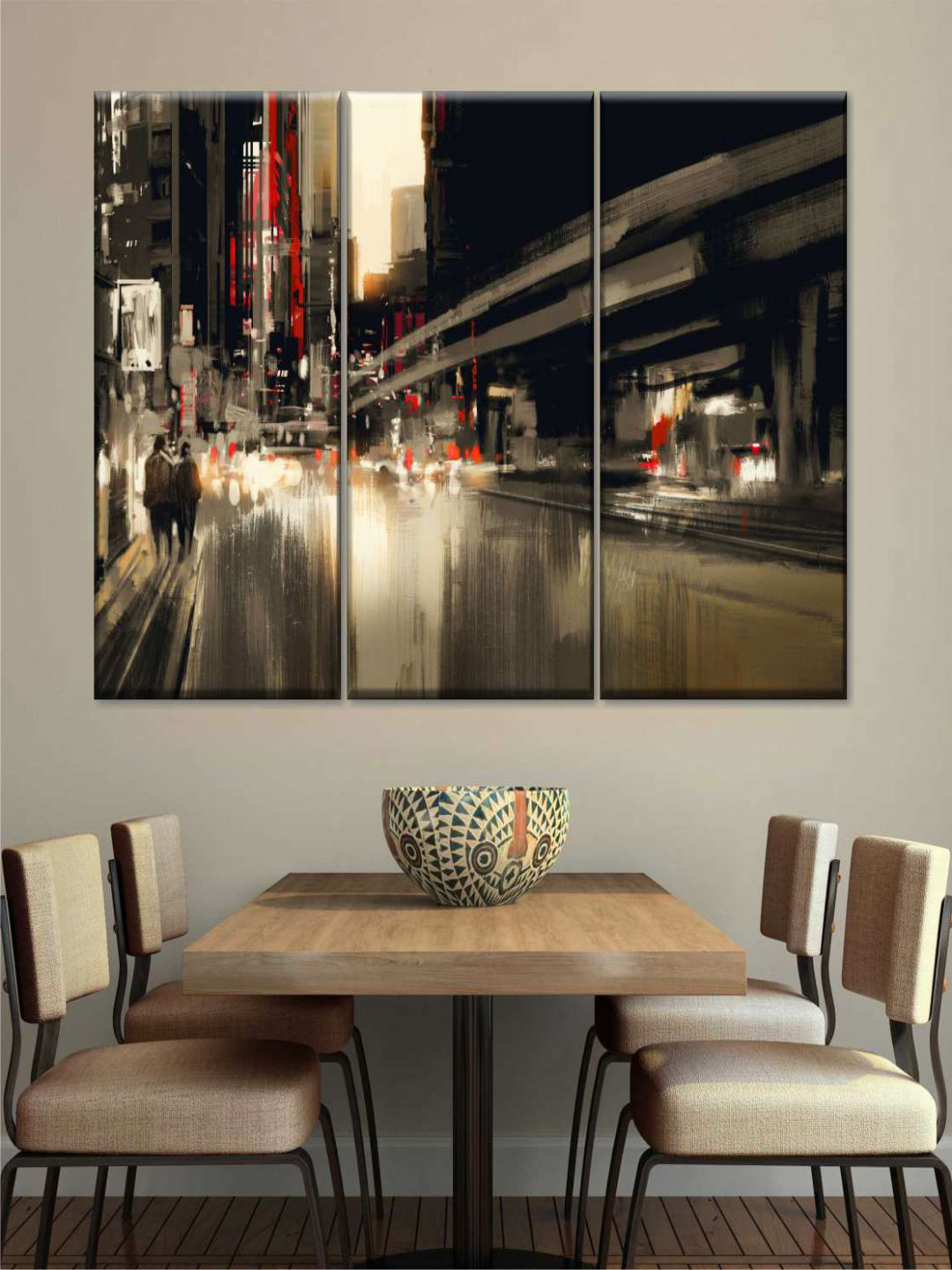 

POSTERS AND TRUSS Black & Brown 3 Pieces City Abstract Painting Wall Art
