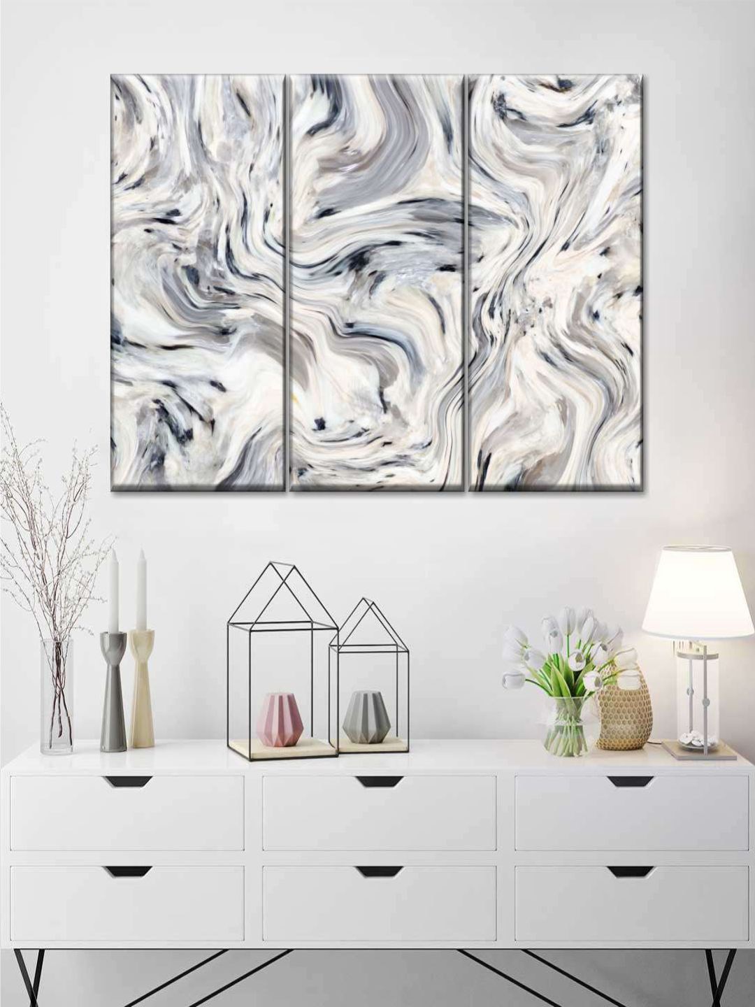 

POSTERS AND TRUSS White & Black 3 Pieces Ripples Abstract Painting Wall Art