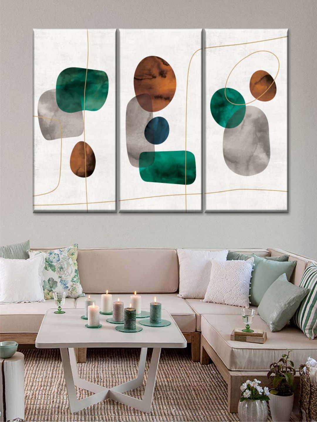 

POSTERS AND TRUSS White & Green 3 Pieces Emerald And Amber Shapes Painting Wall Art