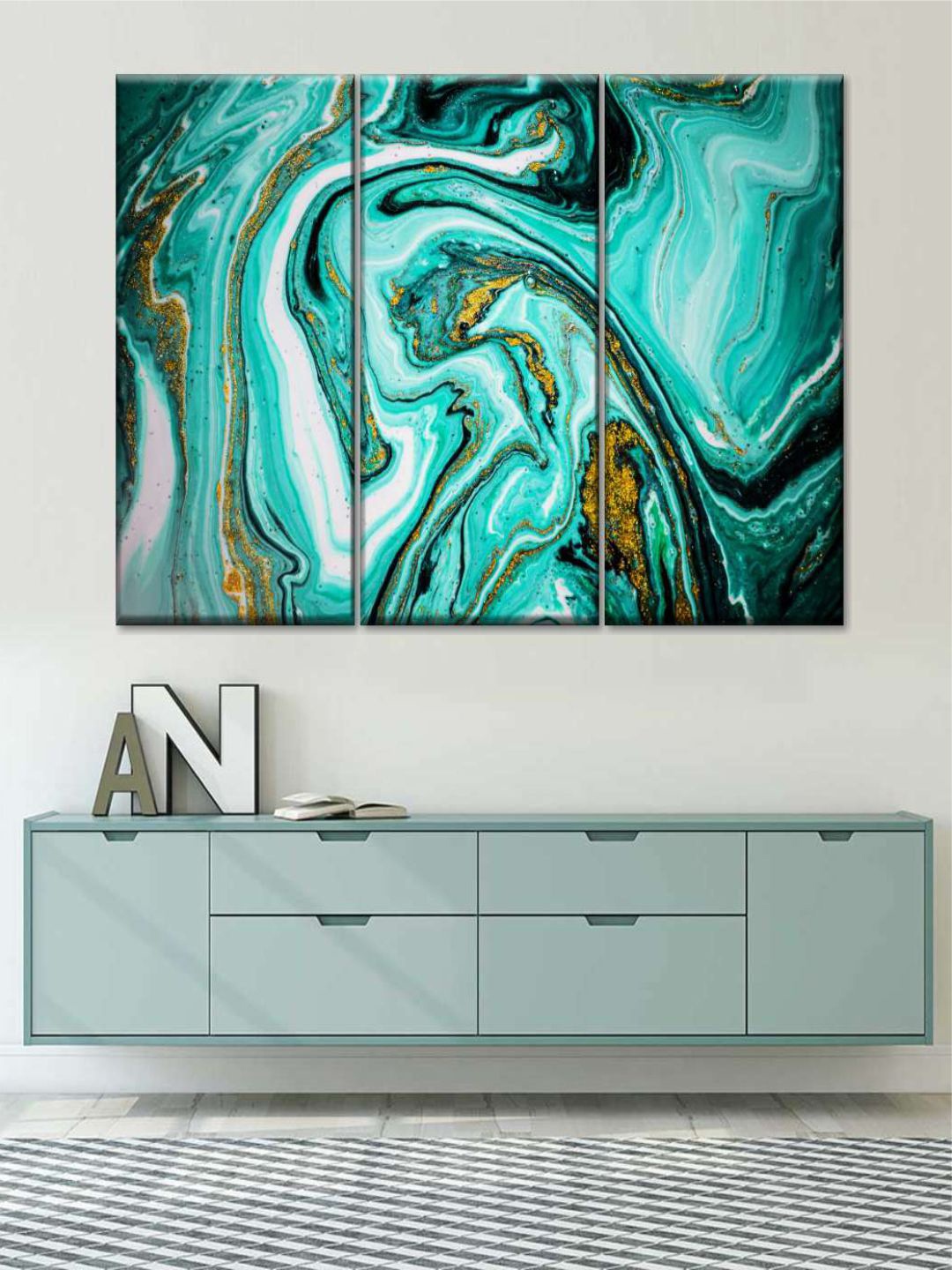 

POSTERS AND TRUSS Teal Green & Black 3 Pieces Marble Abstract Painting Wall Art