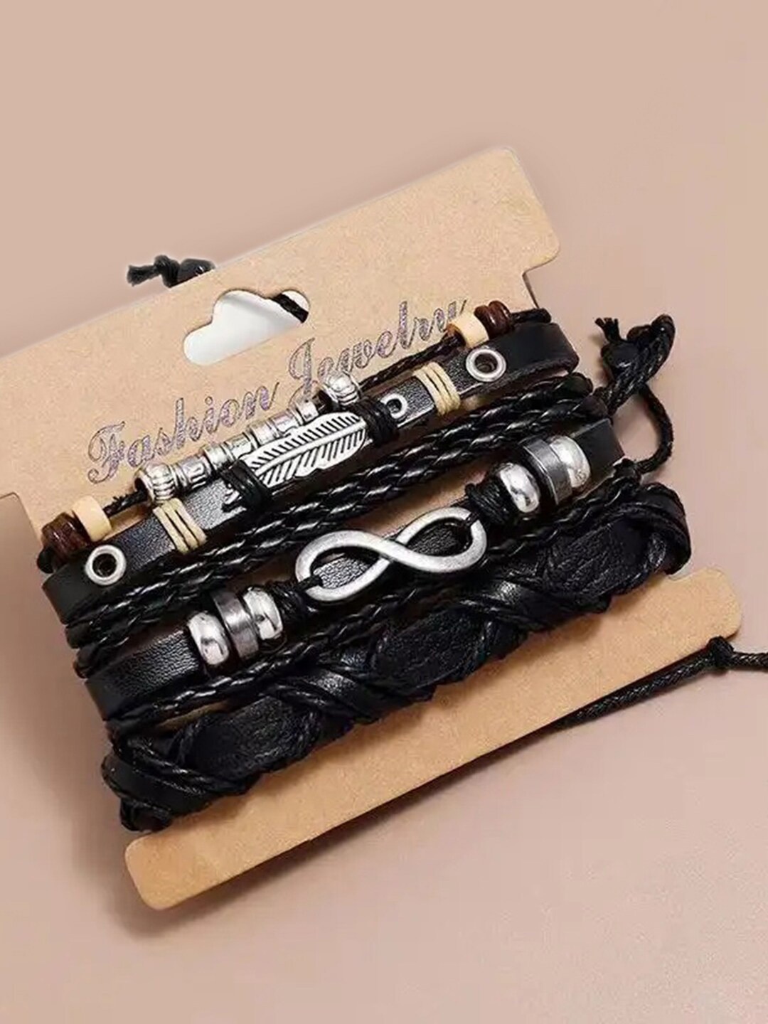 

Peora Men 3 Black Leather Silver-Plated Multistrand Bracelet