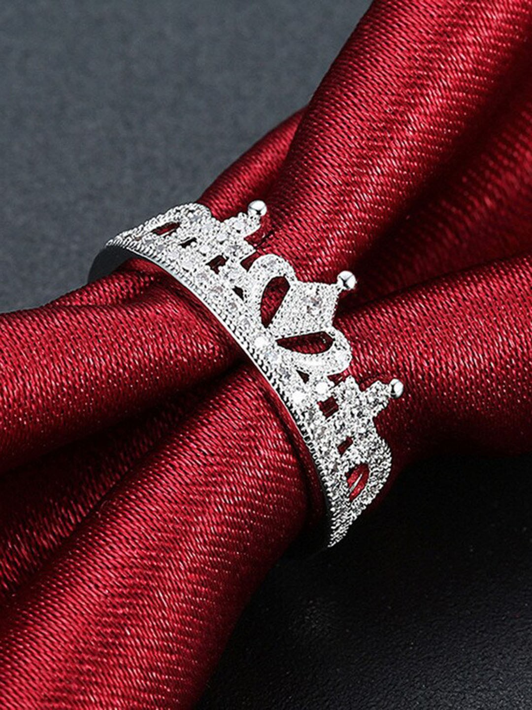

MYKI Silver-Plated CZ-Studded Princess Crown Adjustable Finger Ring