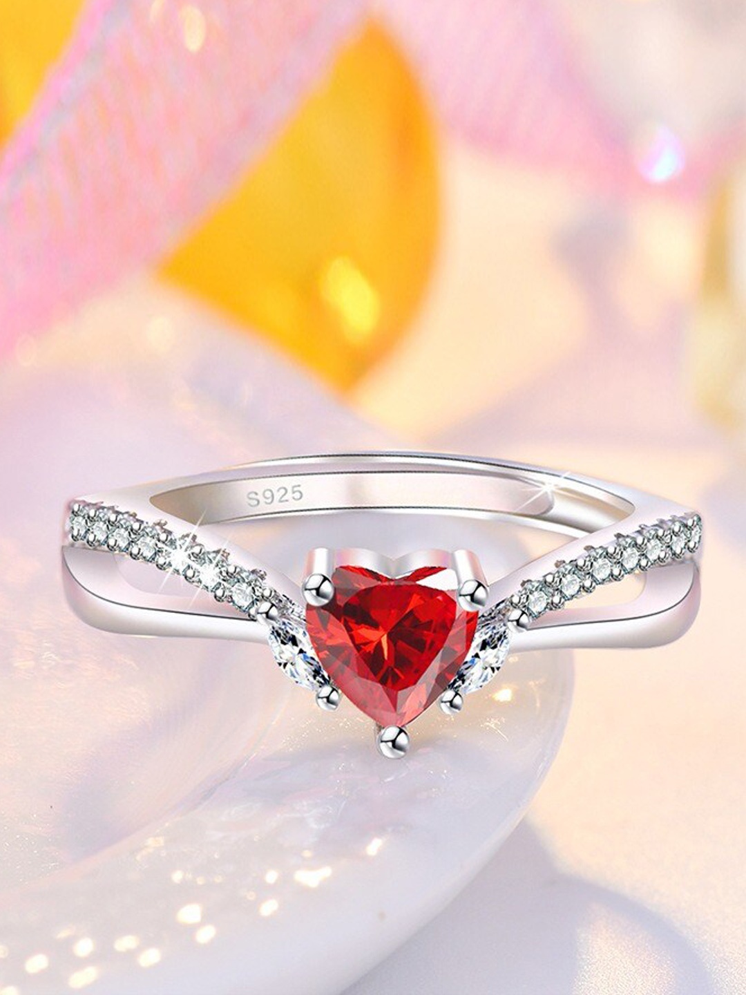 

MYKI Silver-Plated Heart Shaped CZ-Studded Stainless Steel Finger Ring