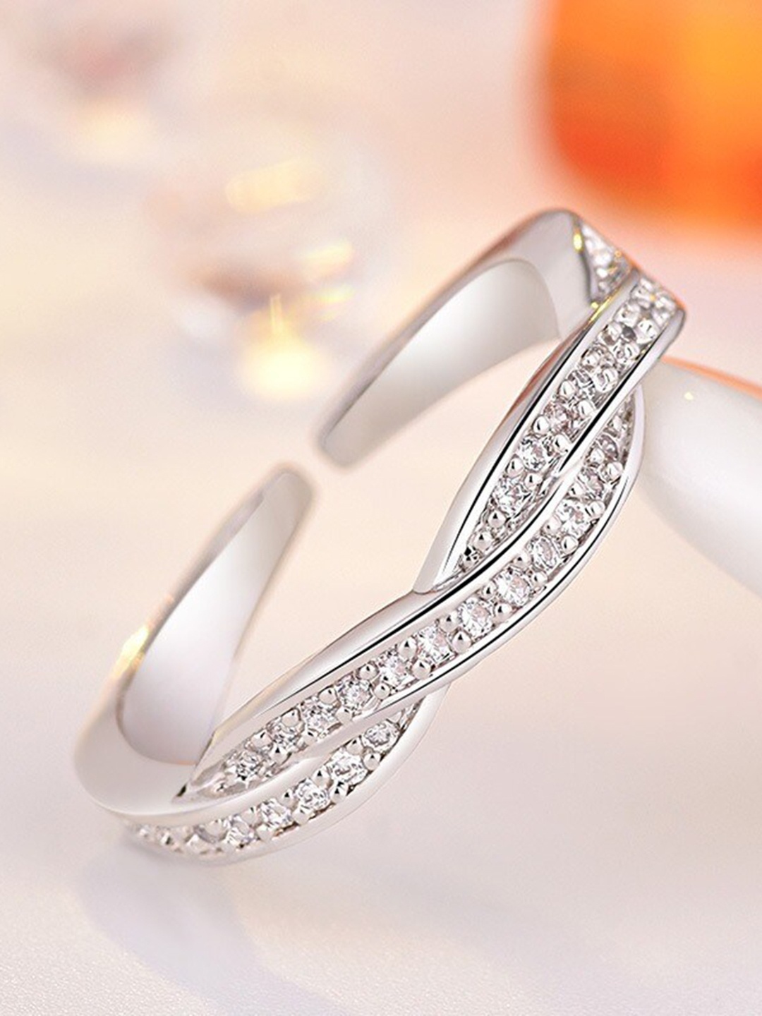 

MYKI Silver-Plated CZ-Studded Cross Design Adjustable Finger Ring