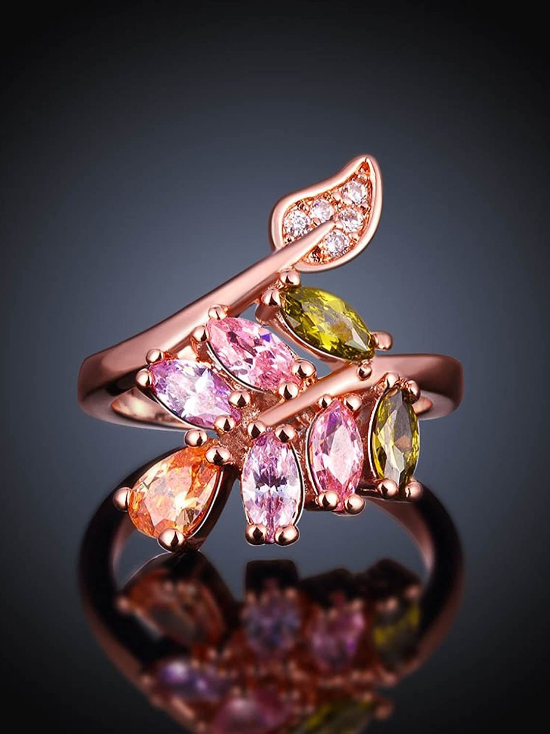 

MYKI Rose Gold-Plated CZ-Studded Colourful Flower Stainless Steel Finger Ring