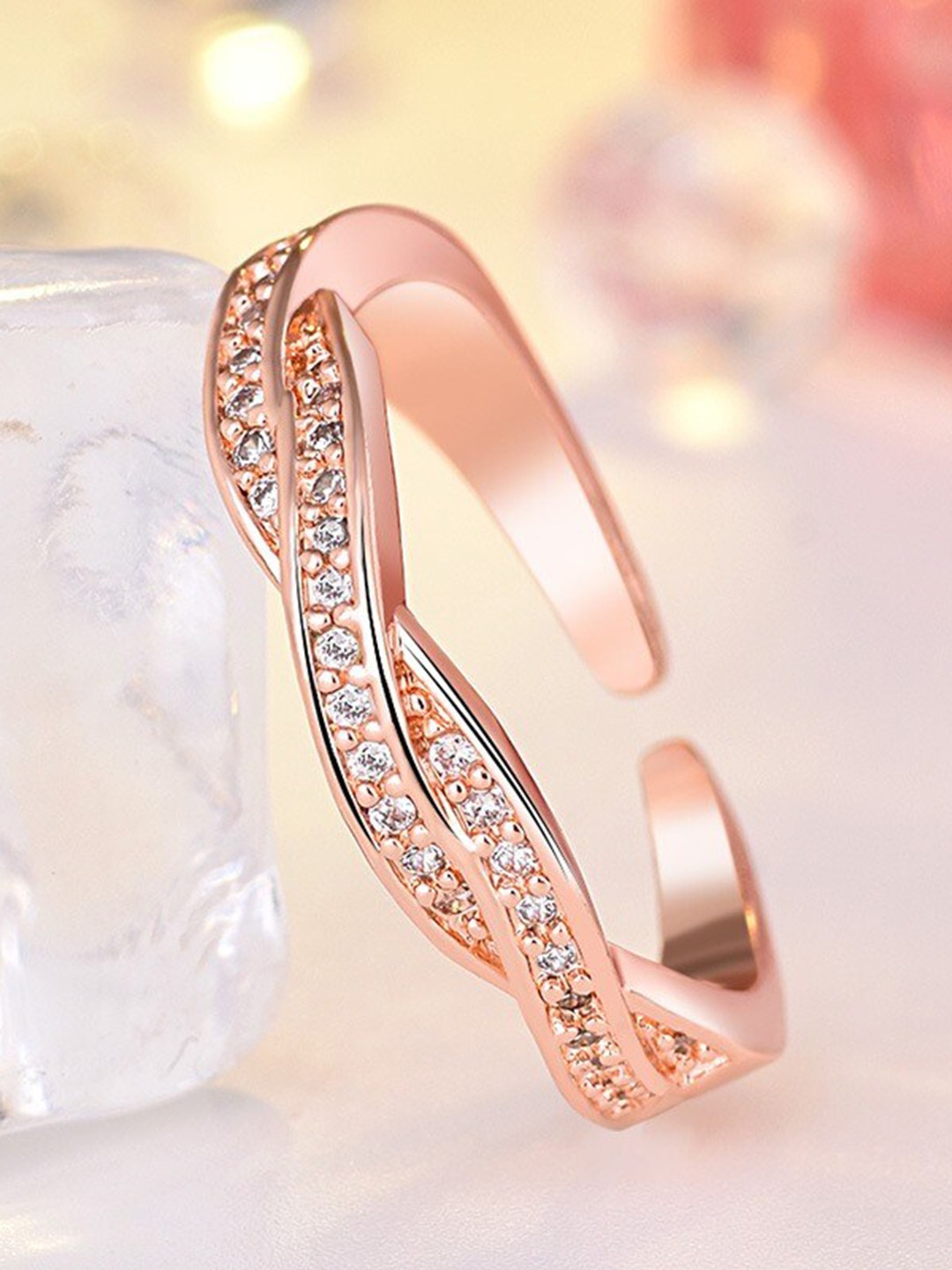 

MYKI Rose Gold-Plated CZ-Studded Cross Design Adjustable Finger Ring