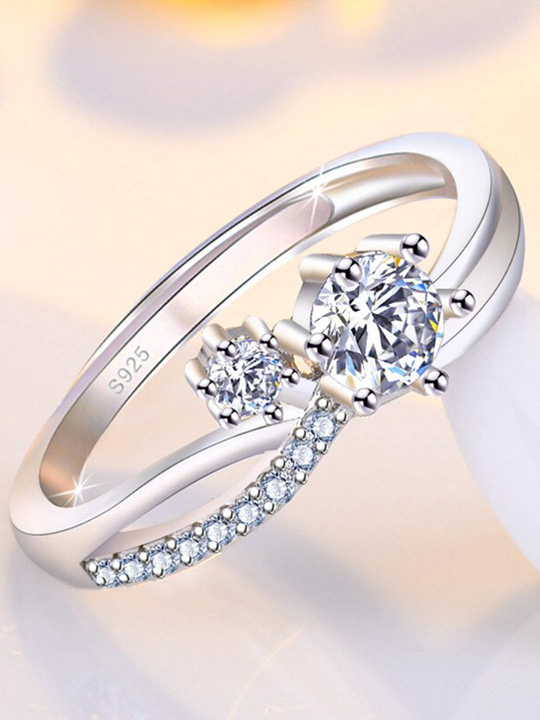 

MYKI Silver-Plated CZ-Studded Adjustable Artistic Solitaire Finger Ring