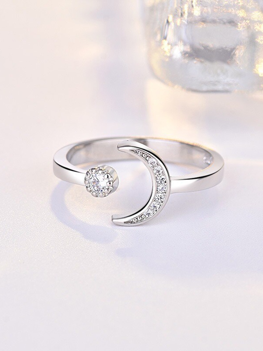 

MYKI Silver-Plated & CZ-Studded Moon & Star Adjustable Finger Ring