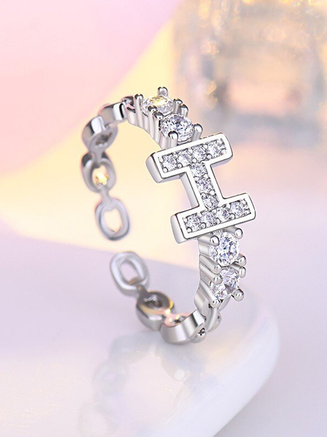 

MYKI Women Silver- Plated CZ Stone Studded Adjustable H Shaped Ring