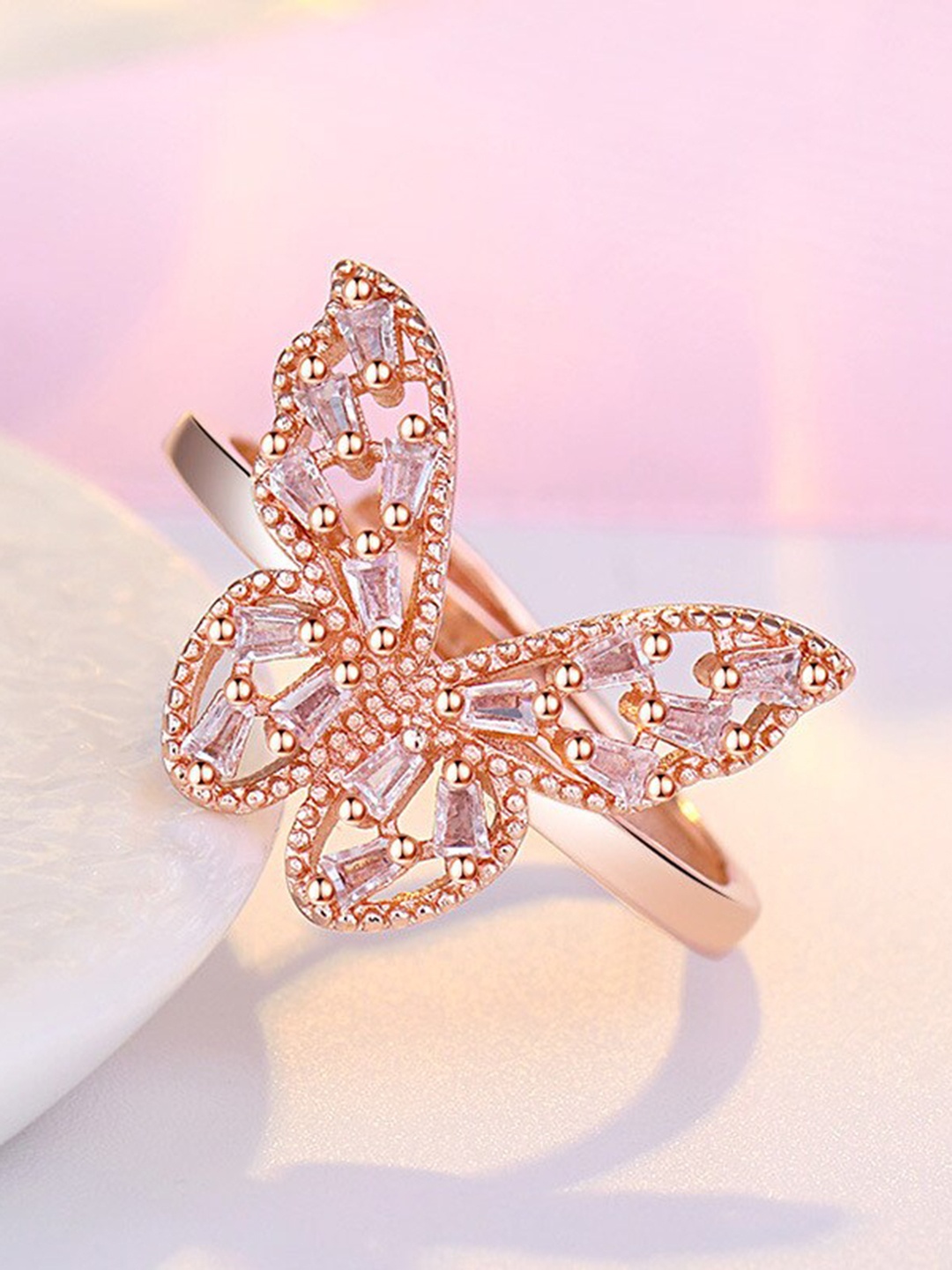 

MYKI Women Rose Gold- Plated CZ Stone Studded Sizzling Butterfly Adjustable Ring