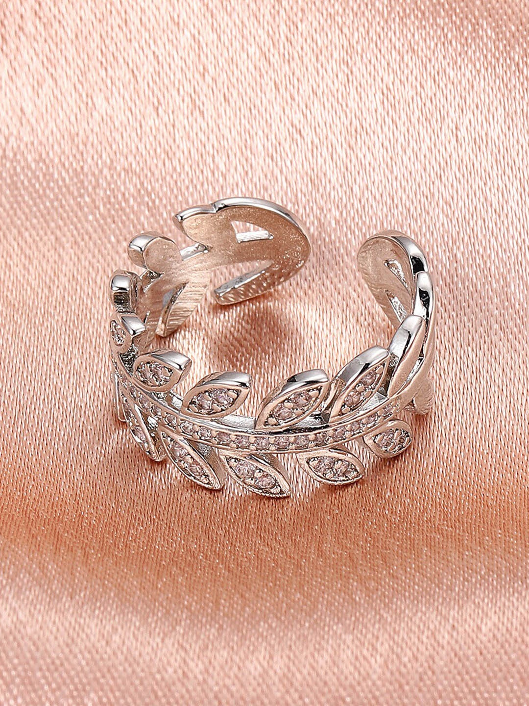 

MYKI Silver- Plated CZ Stone Studded Leaves Design Adjustable Finger Ring