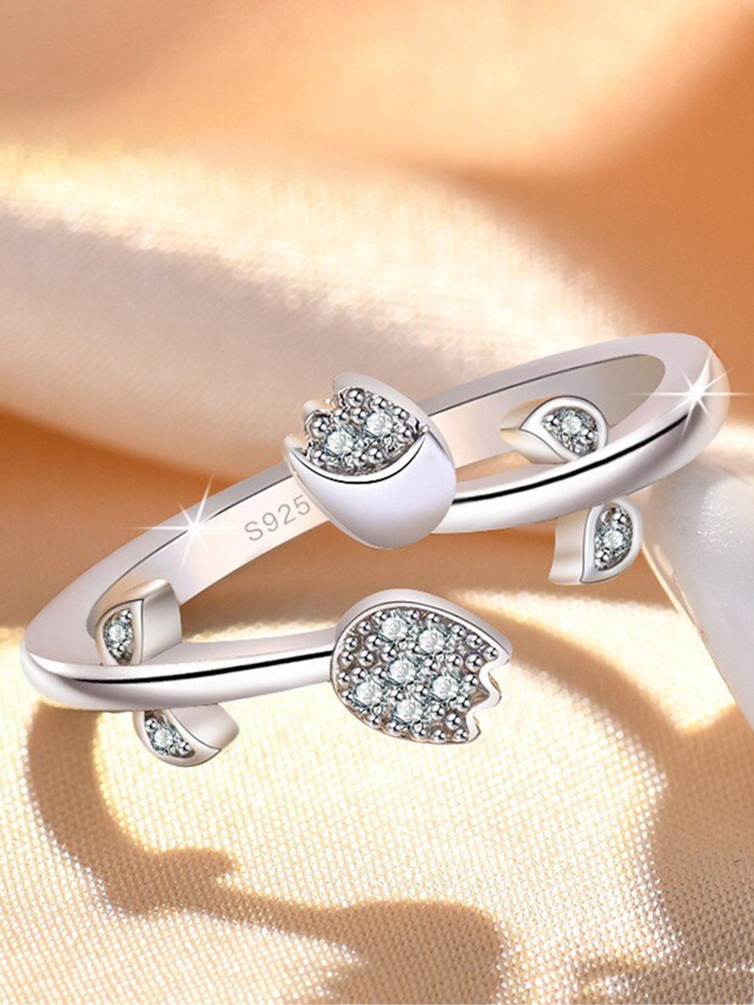 

MYKI Silver- Plated CZ Stone Studded Rose Design Adjustable Finger Ring