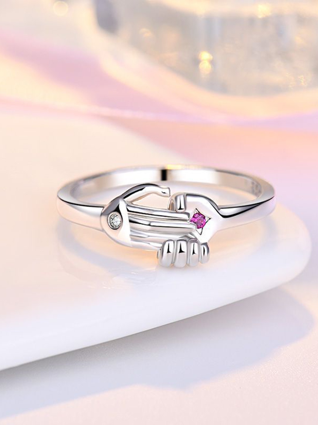 

MYKI Women Silver-Plated CZ Stone Studded Dazzling Hand Shake Adjustable Ring