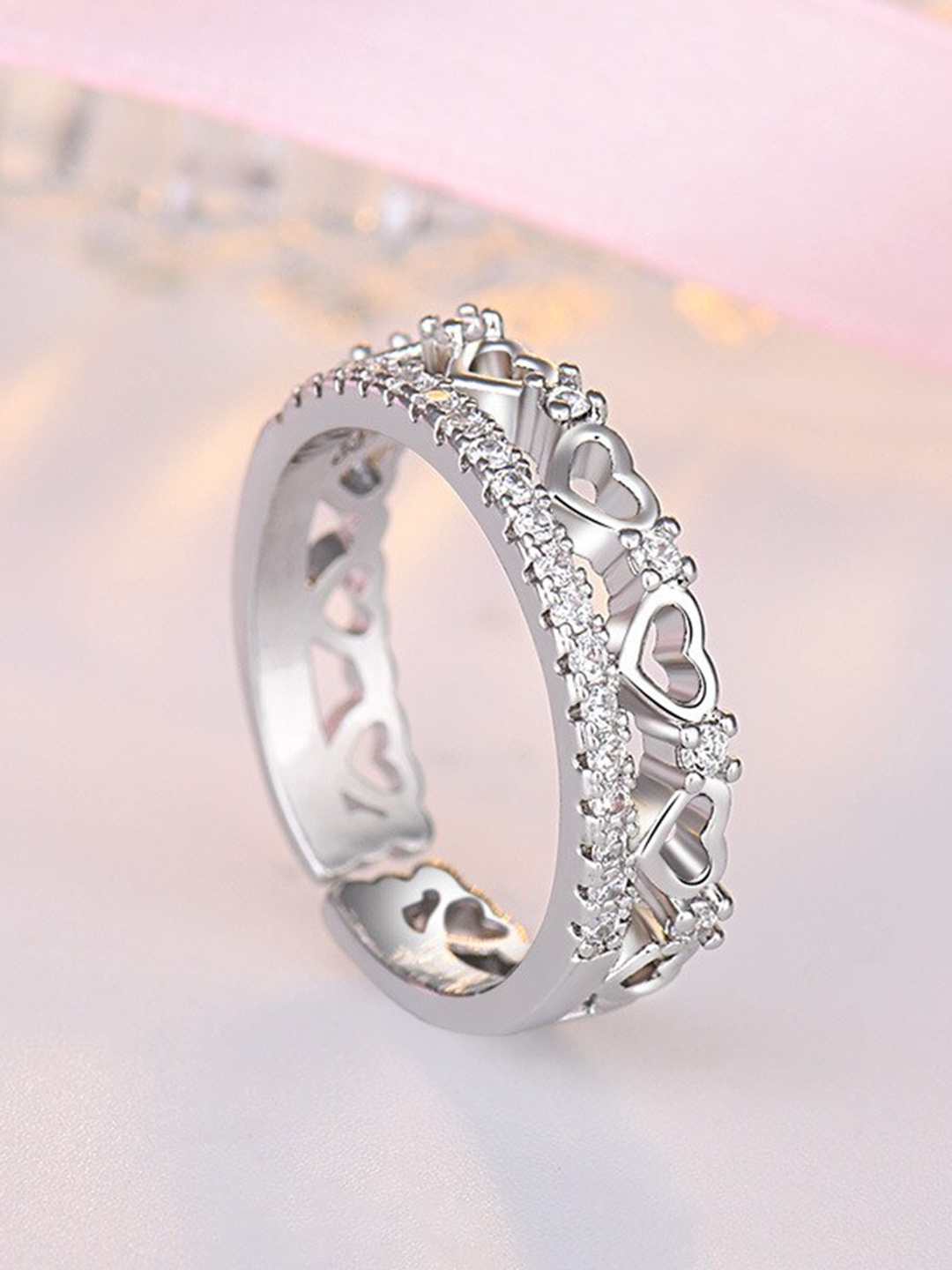 

MYKI Silver-Plated CZ Stone Studded Heart Shaped Adjustable Finger Ring