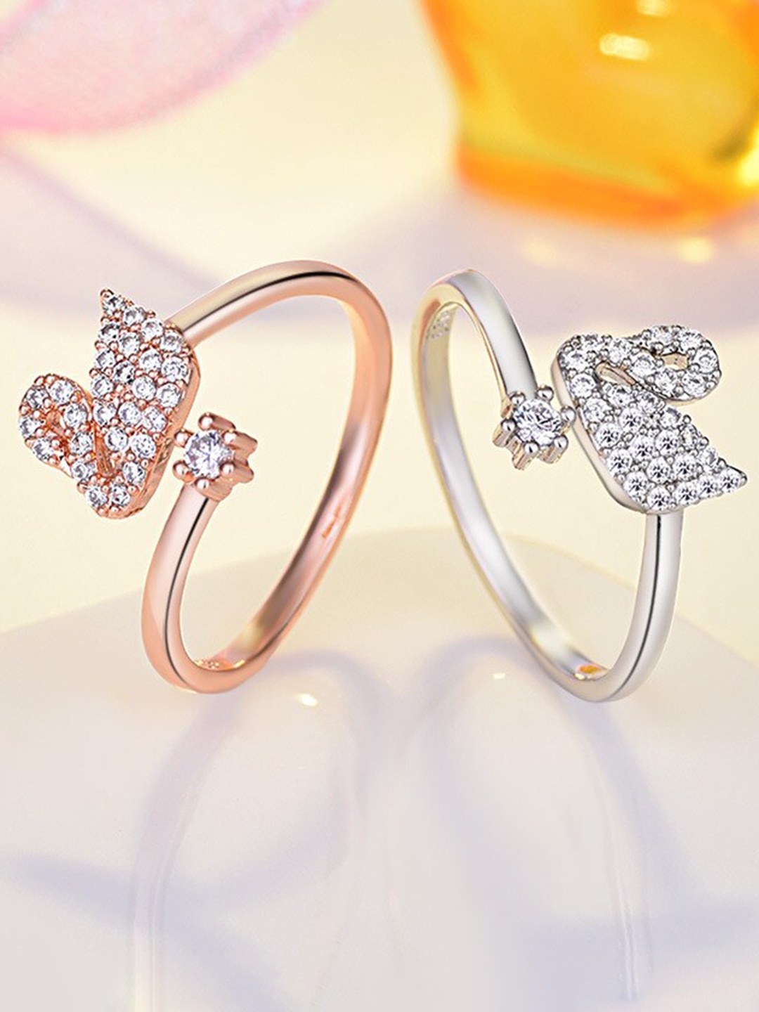 

MYKI Rose Gold-Plated CZ Stone Studded Swan Shape Adjustable Finger Ring