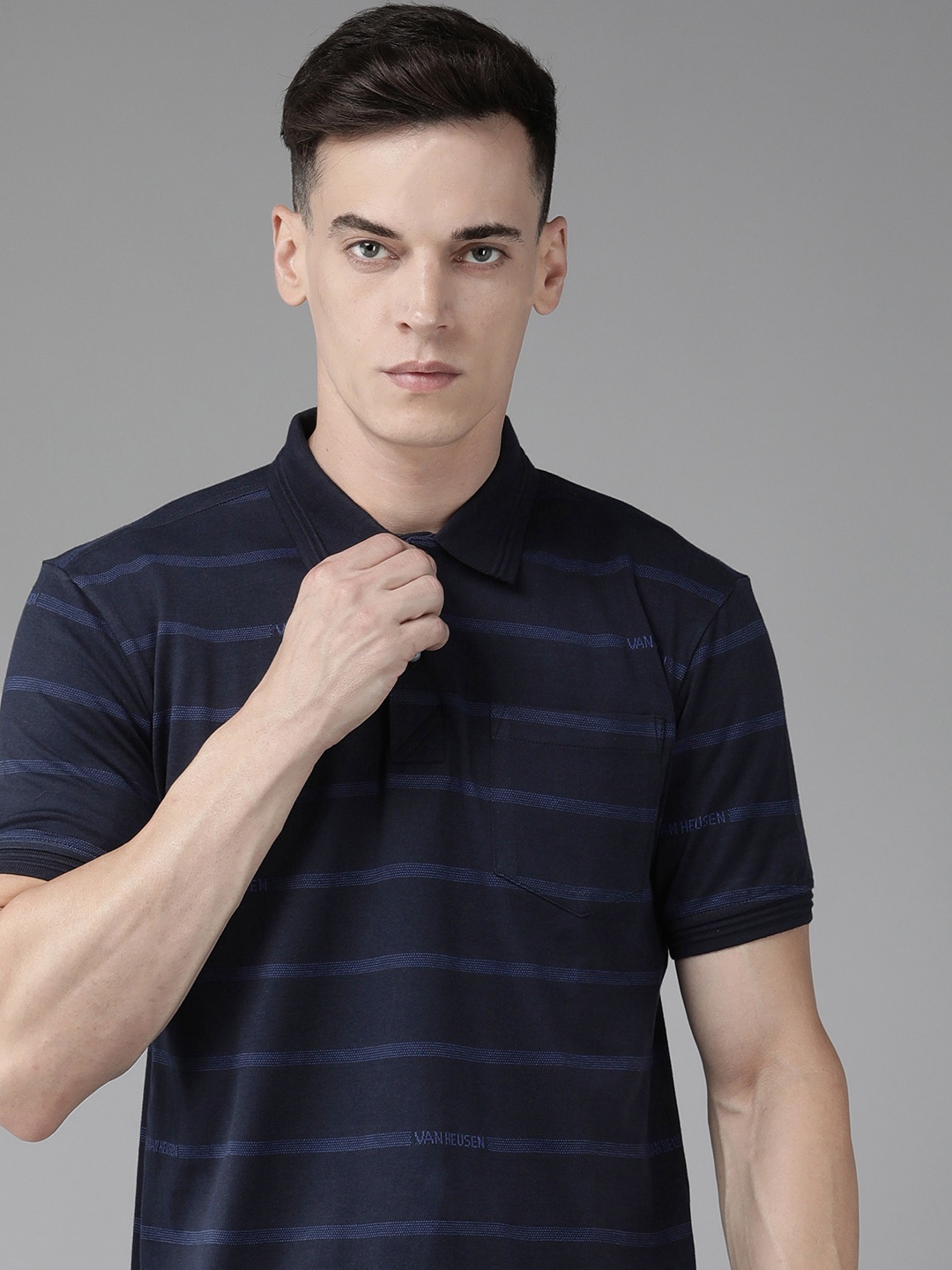 

Van Heusen Sport Men Pure Cotton Striped Polo Collar T-shirt, Navy blue