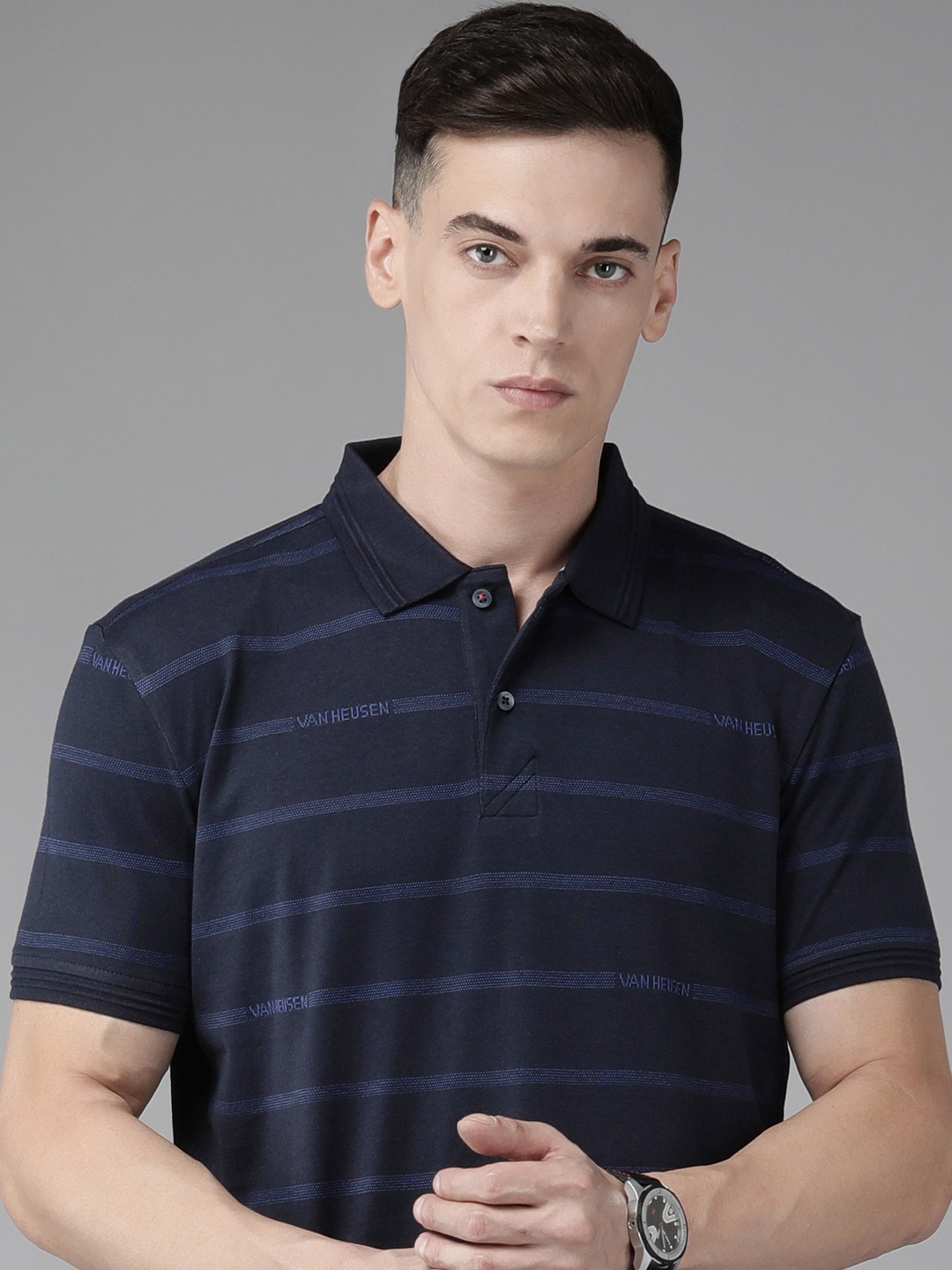 

Van Heusen Sport Men Pure Cotton Striped Polo Collar T-shirt, Navy blue