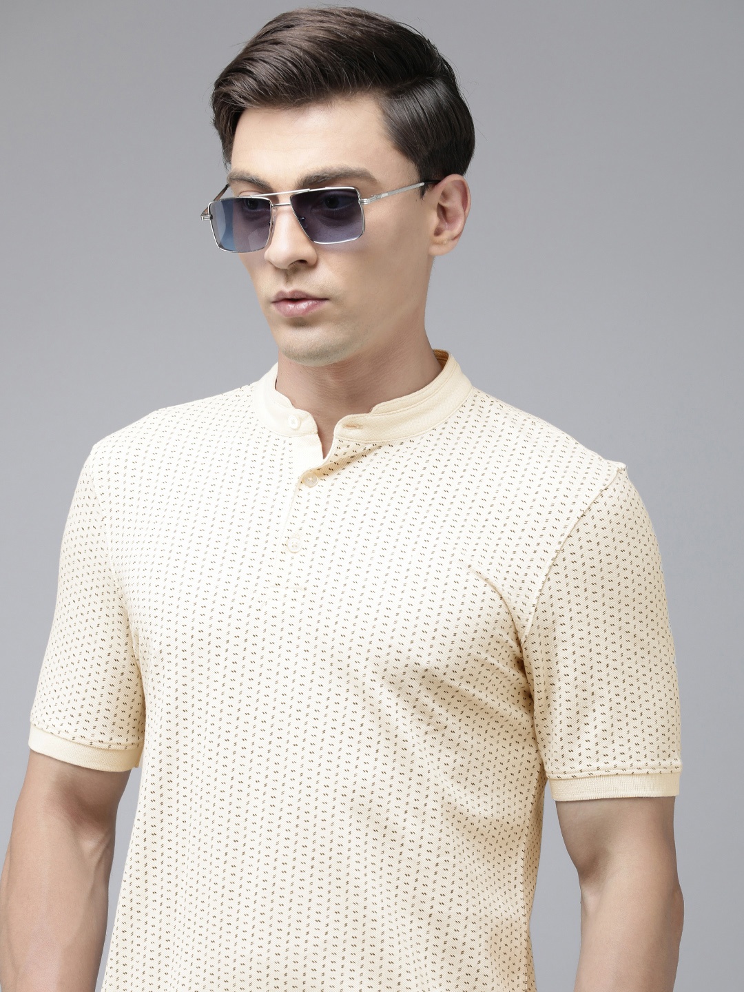 

Van Heusen Men Pure Cotton Printed Henley Neck T-shirt, Cream