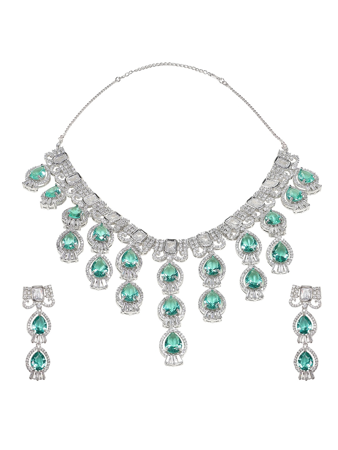 

AURAA TRENDS Rhodium-Plated AD Studded Necklace with Earrings, Green