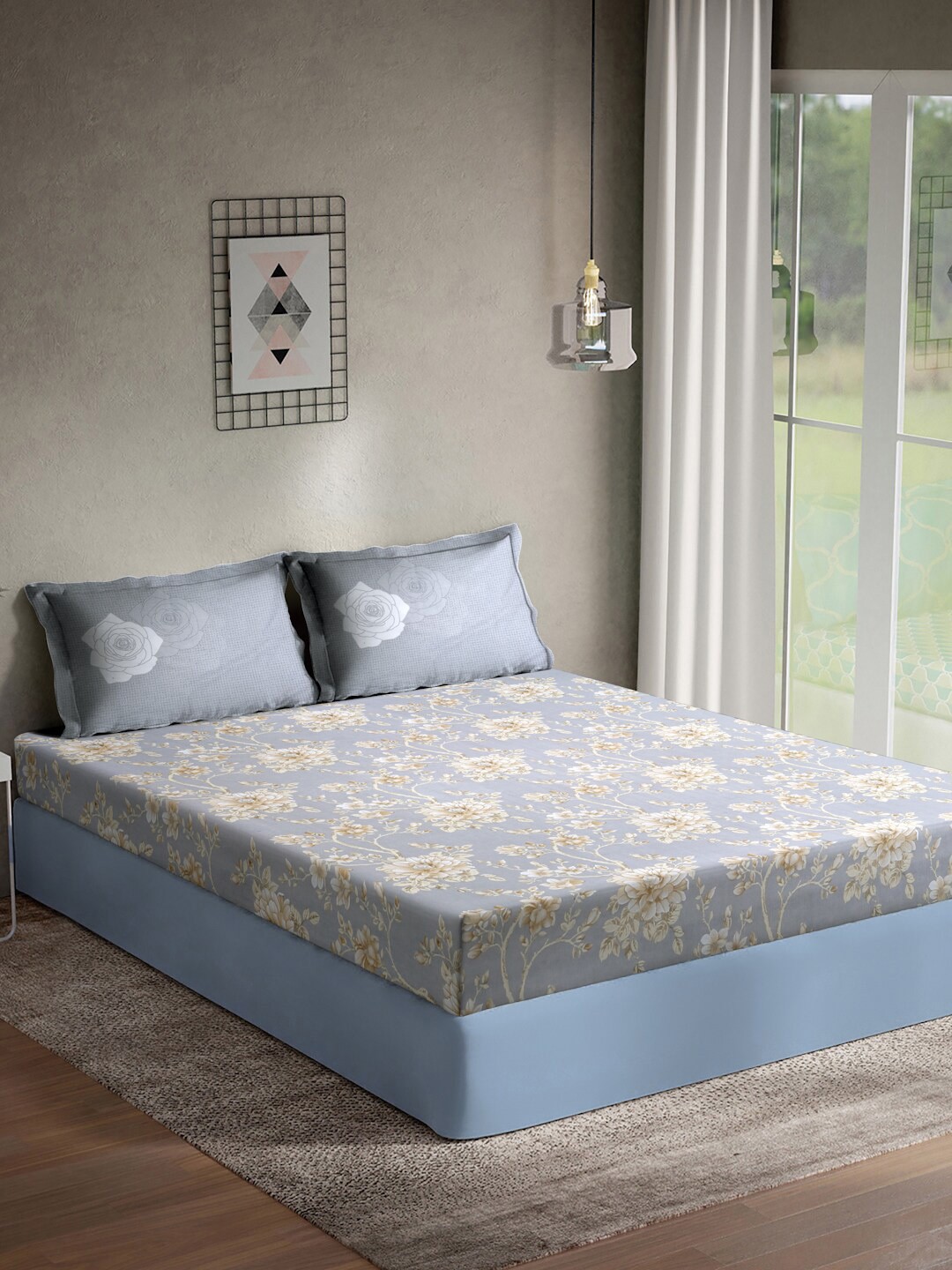 

KLOTTHE Grey & White 400 TC Cotton Fitted Super King Double Bedsheet & 2 Pillow Covers