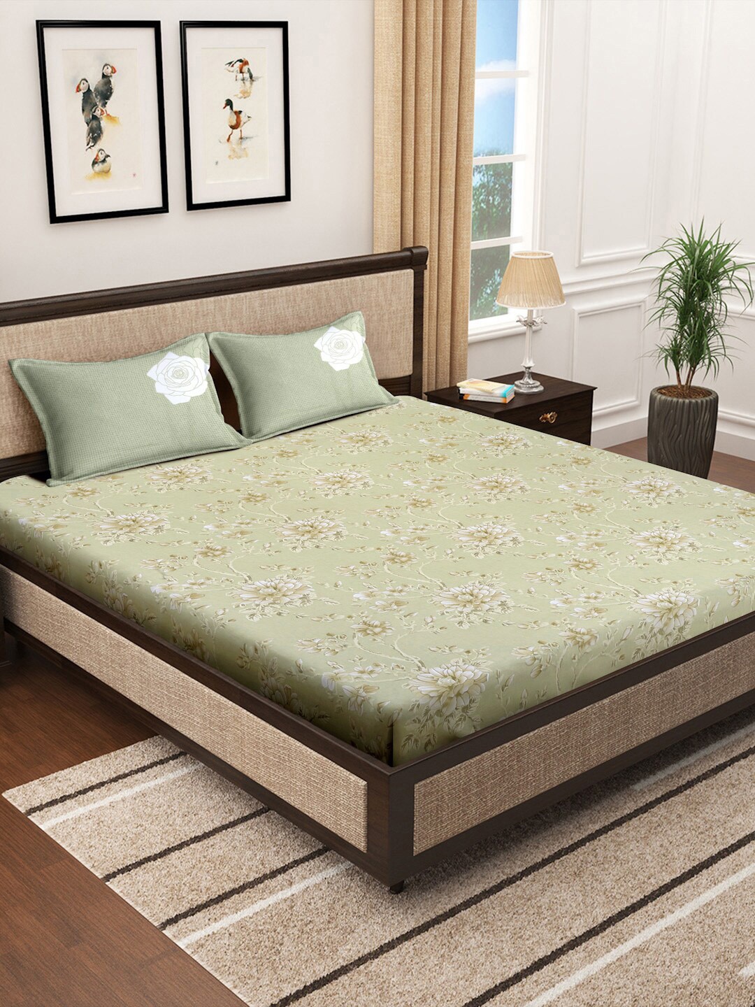 

KLOTTHE Printed 400 TC Pure Cotton Fitted Super King Double Bedsheet & 2 Pillow Covers, Green