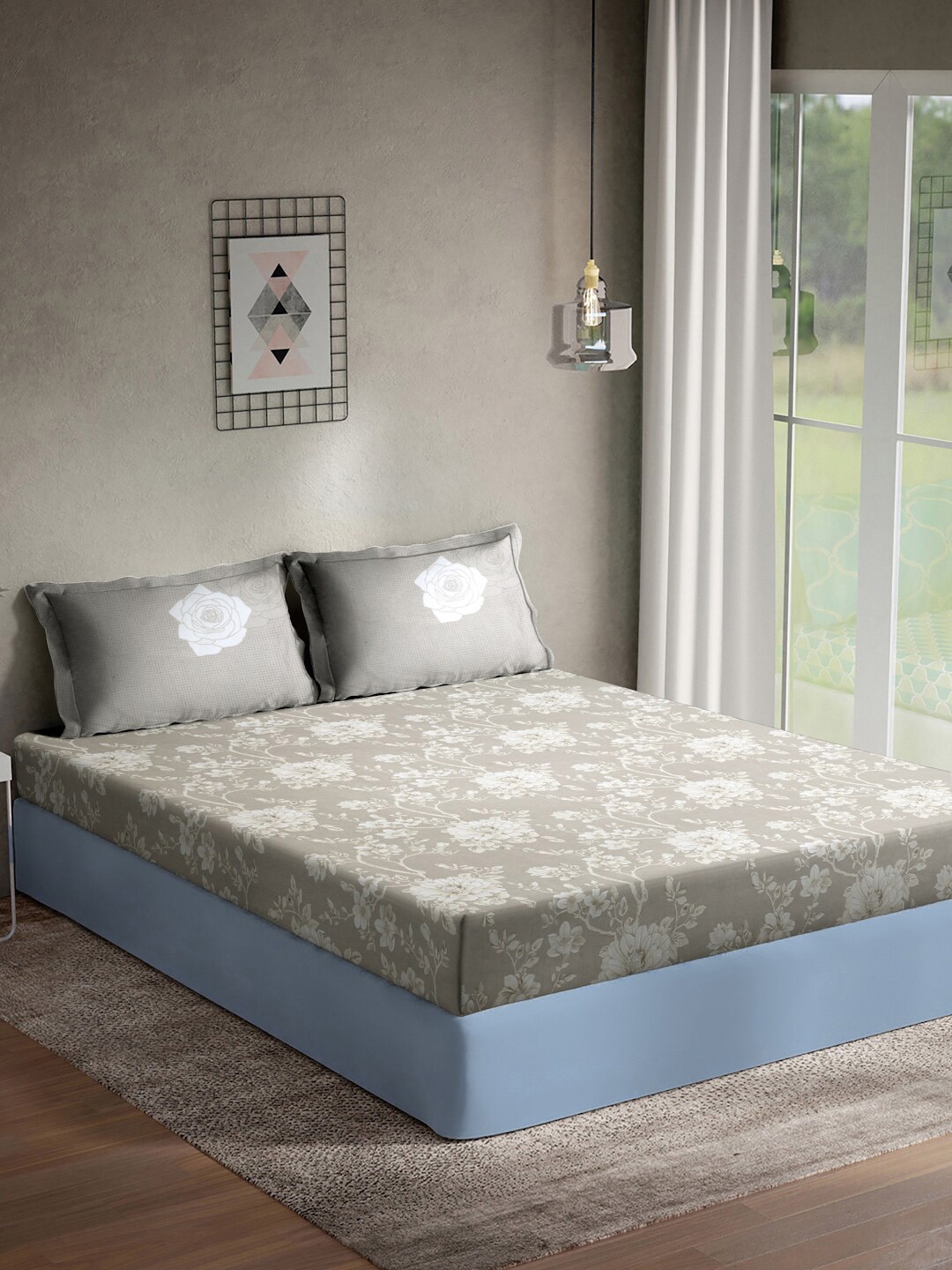 

KLOTTHE Grey Printed Pure Cotton Super King Double Bedsheet & 2 Pillow Covers 400 TC