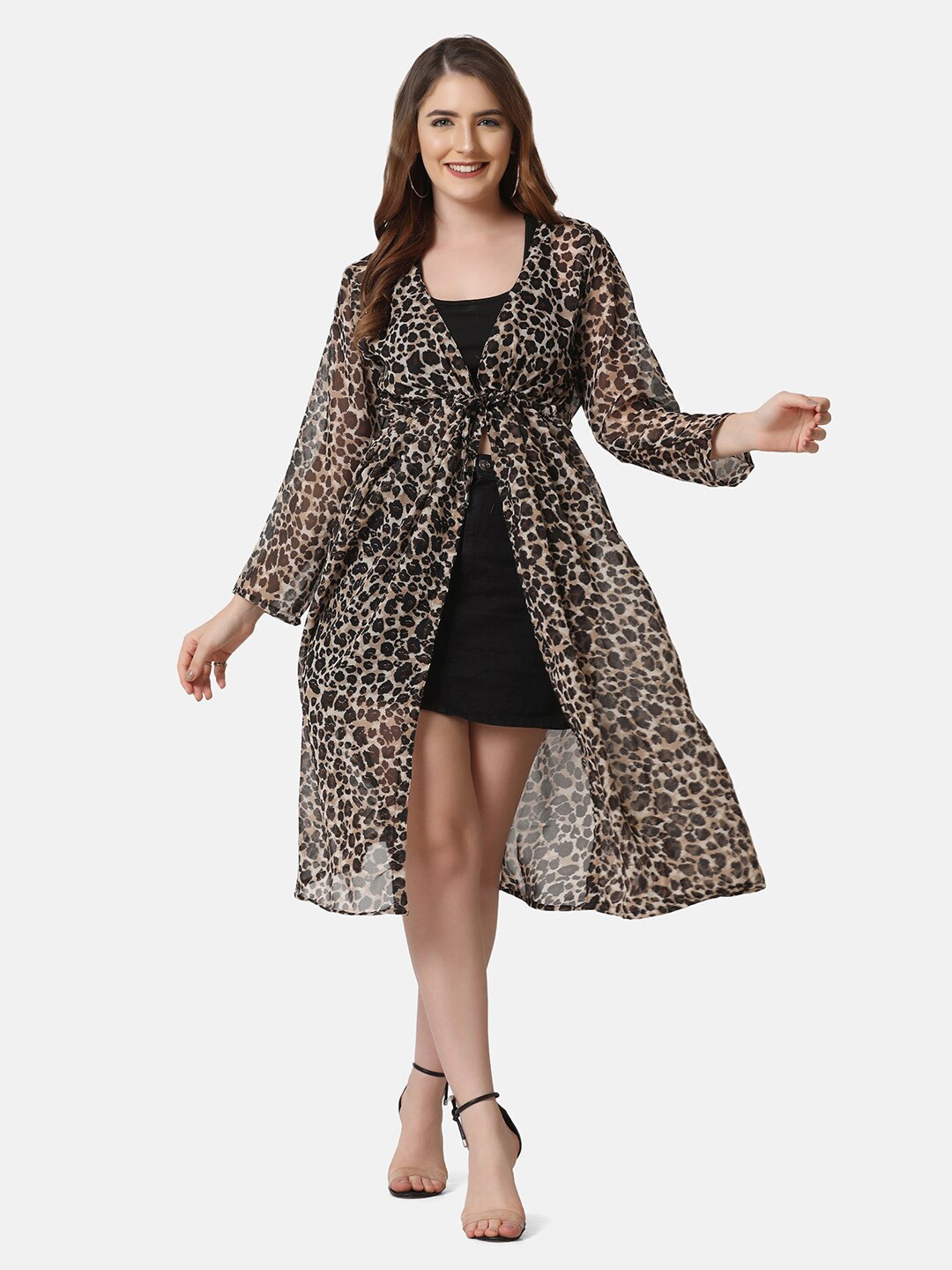

BUY NEW TREND Women Leopard Printed Georgette Longline Tie-Up Shrug, Brown