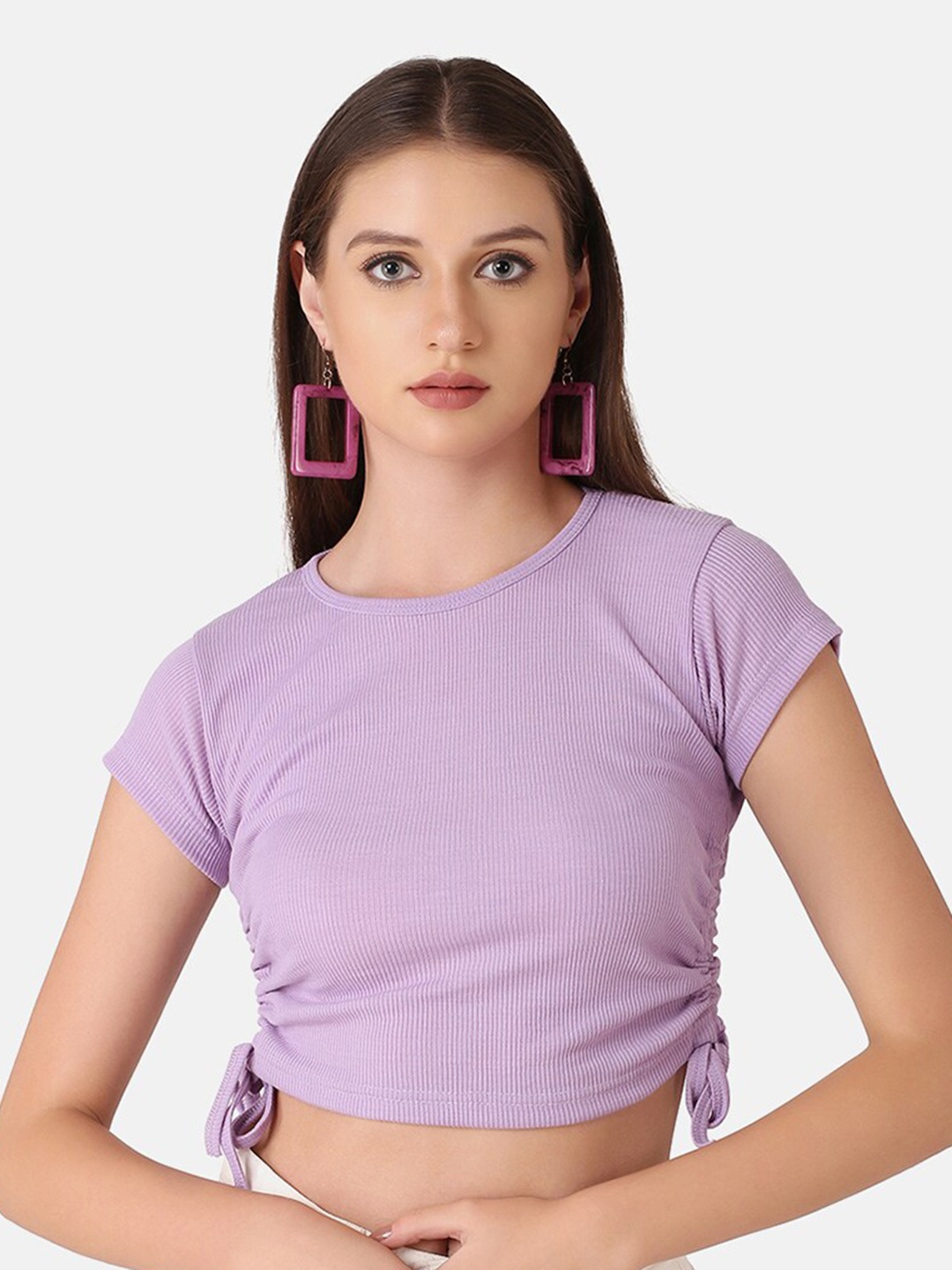 

BUY NEW TREND Drawstring Side Knot Cap Sleeve Fitted Crop Top, Purple