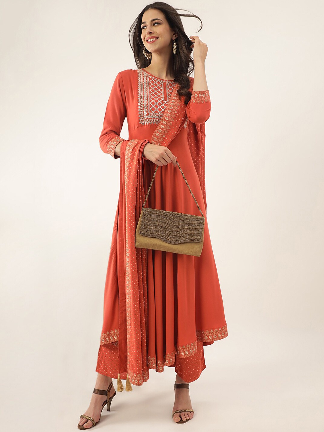 

Khushal K Ethnic Motifs Yoke Design Sequinned Anarkali Kurta with Palazzos & Dupatta, Orange