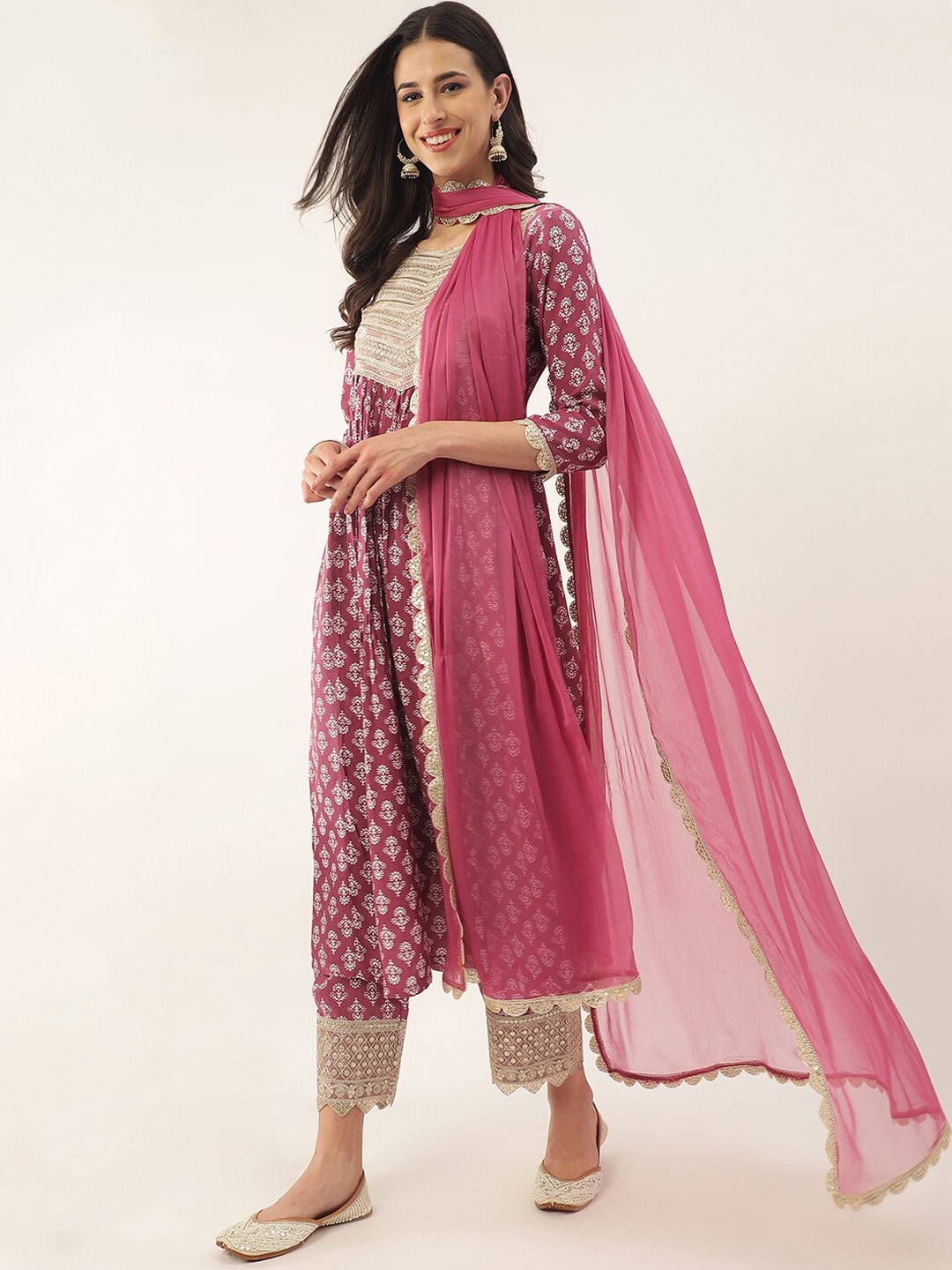 

Khushal K Ethnic Motifs Printed Zari Sequined A-Line Kurta with Palazzos & Dupatta, Magenta