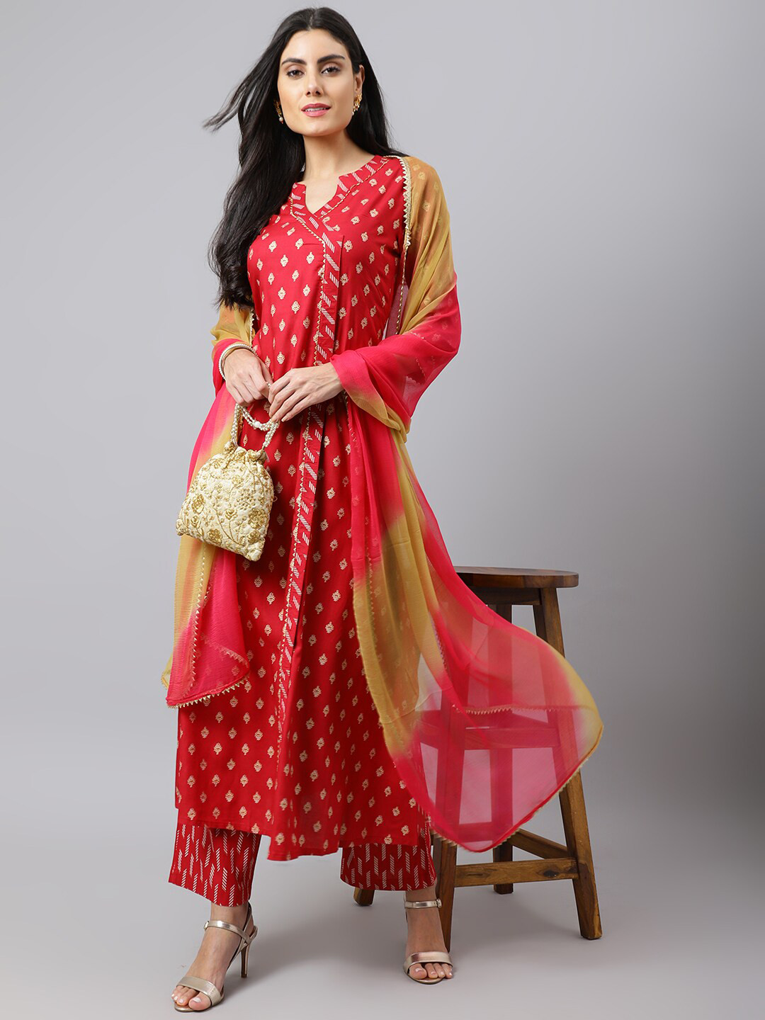 

Khushal K Ethnic Motifs Printed Gotta Patti Angrakha Kurta with Trousers & Dupatta, Red