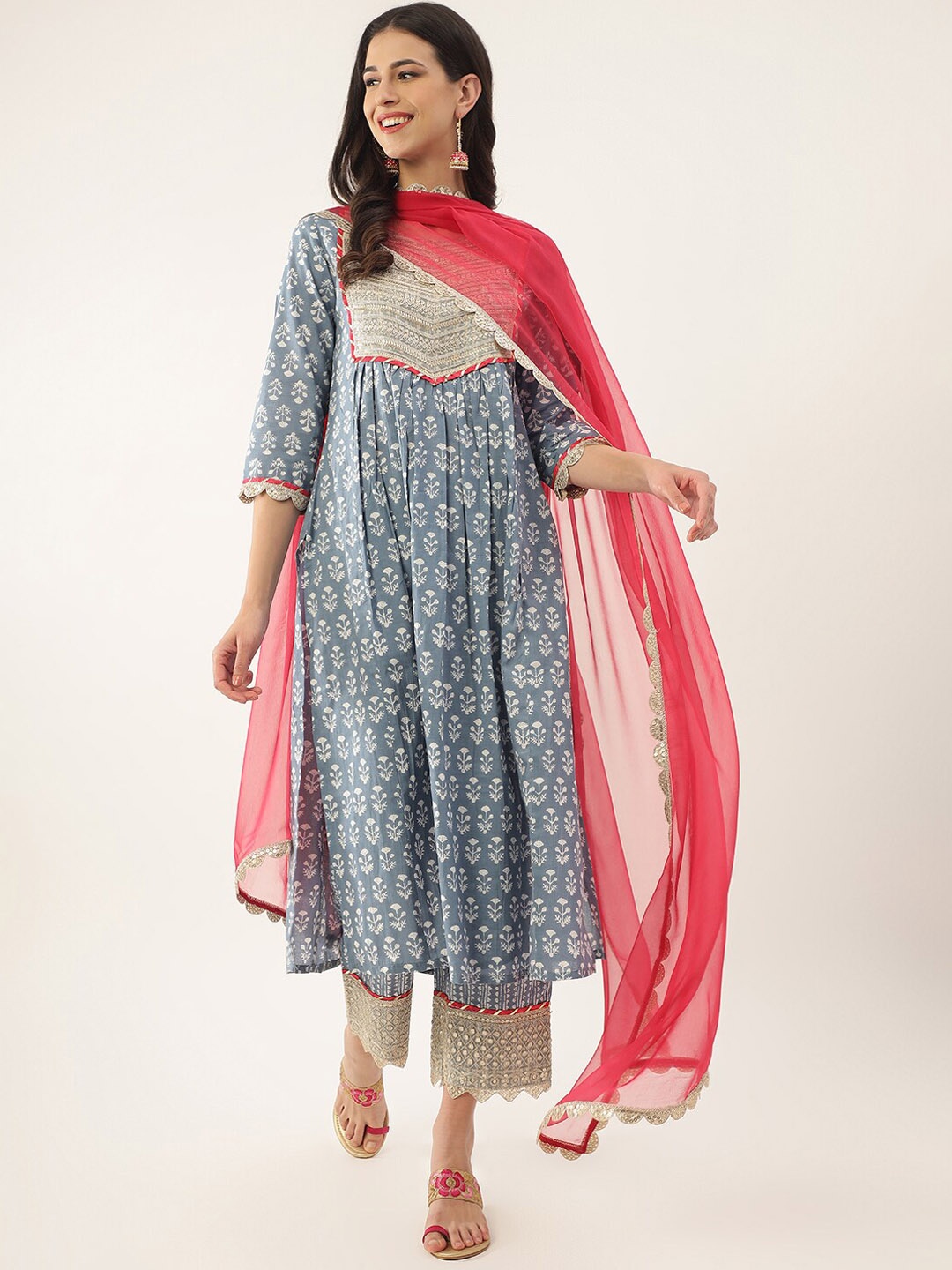 

Khushal K Floral Printed Zari Sequined A-Line Pure Cotton Kurta with Palazzos & Dupatta, Blue