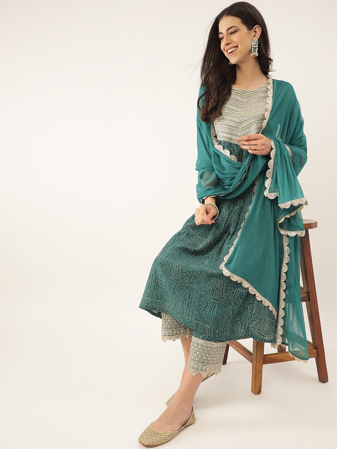 

Khushal K Ethnic Motifs Printed Sequinned A-Line Kurta With Palazzos & Dupatta, Green