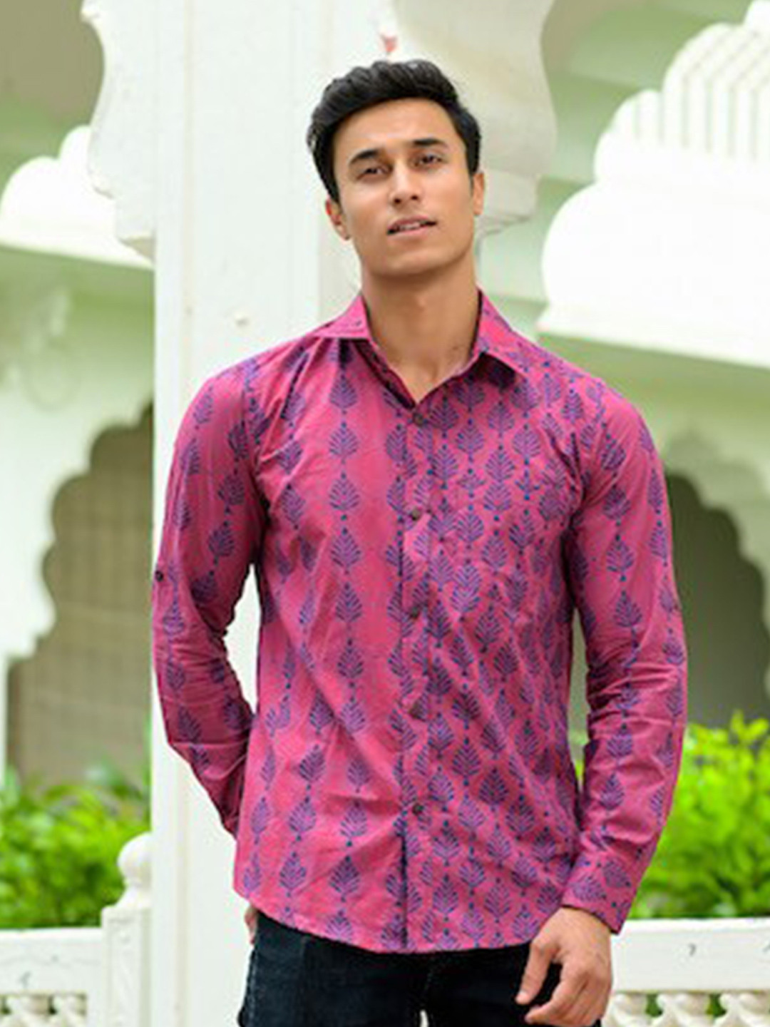 

Hatheli Spread Collar Floral Printed Casual Cotton Shirt, Pink