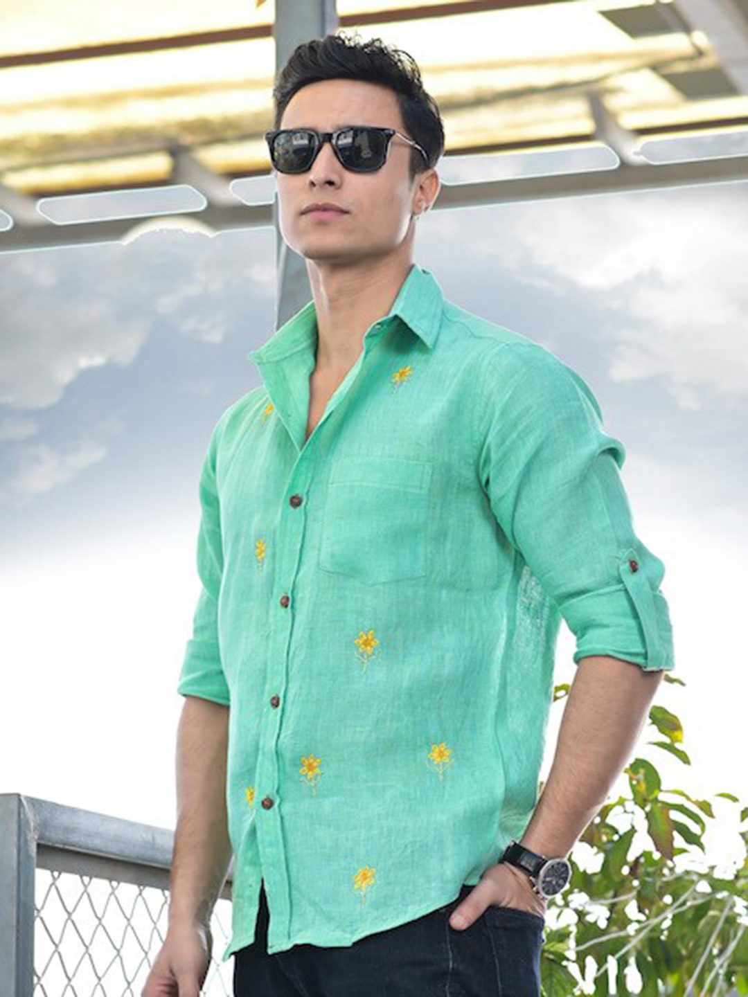 

Hatheli Floral Printed Cotton Casual Shirt, Green
