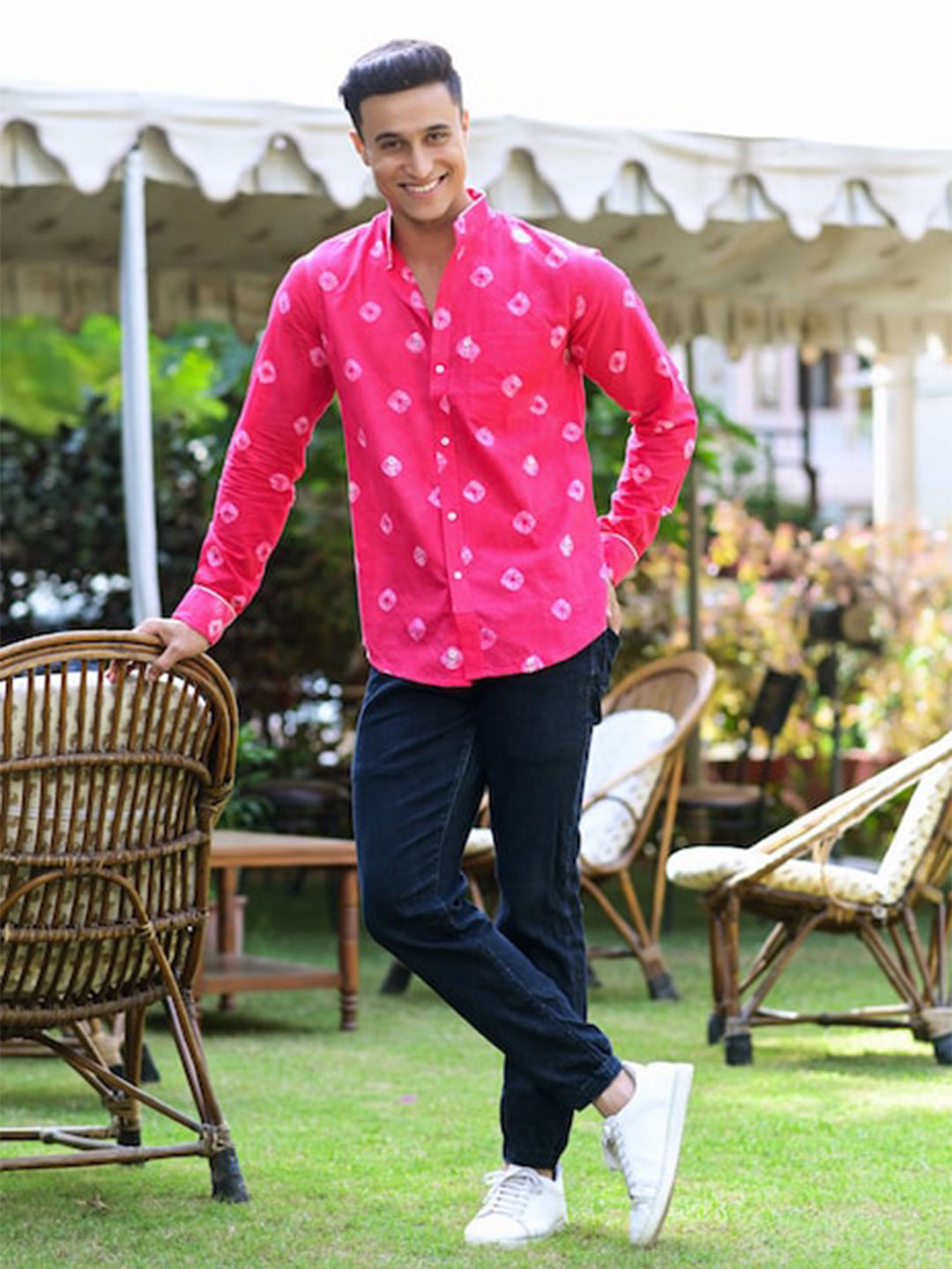

Hatheli Bandhani Printed Mandarin Collar Cotton Casual Shirt, Pink