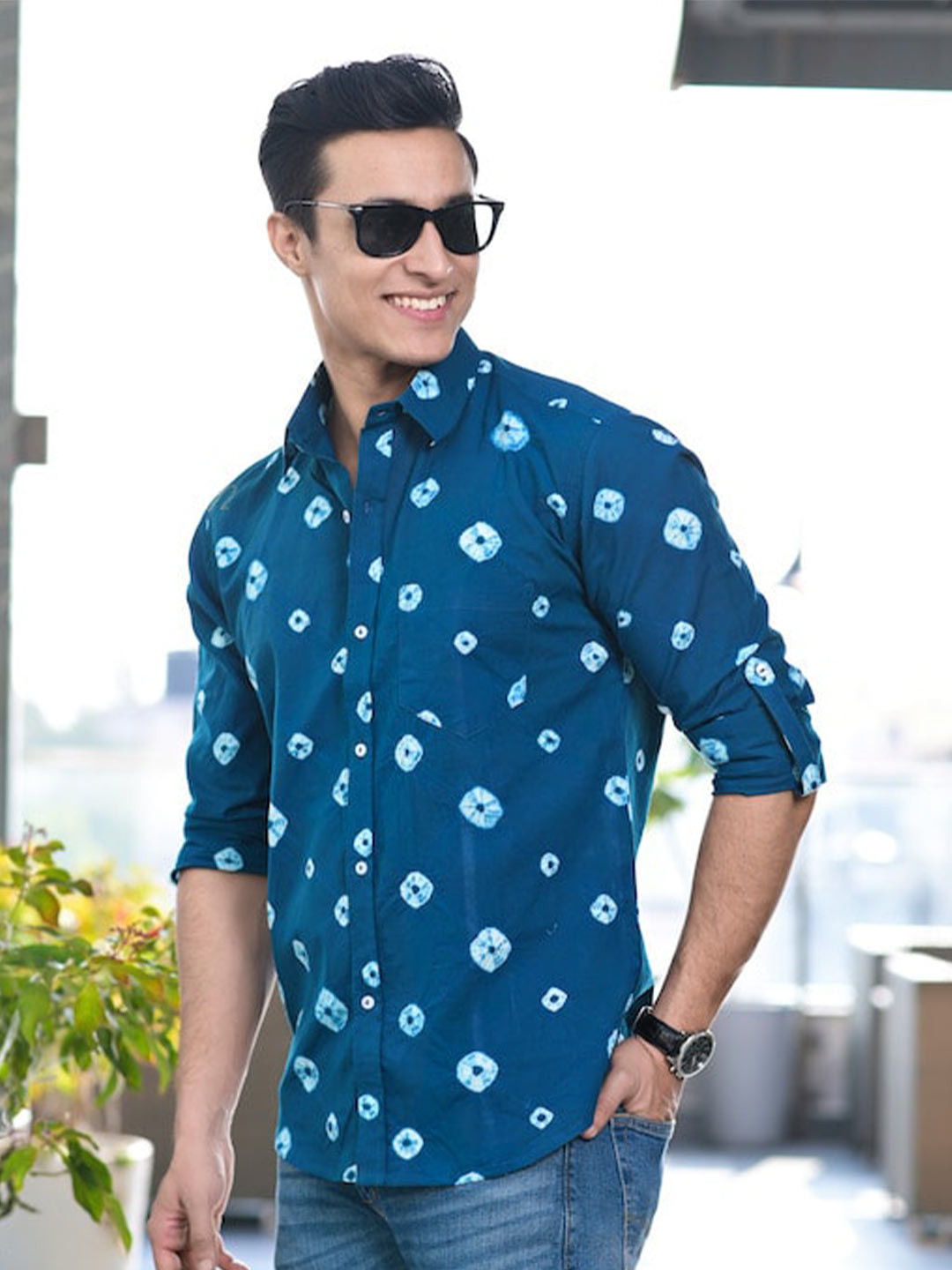 

Hatheli Bandhani Printed Mandarin Collar Cotton Casual Shirt, Blue