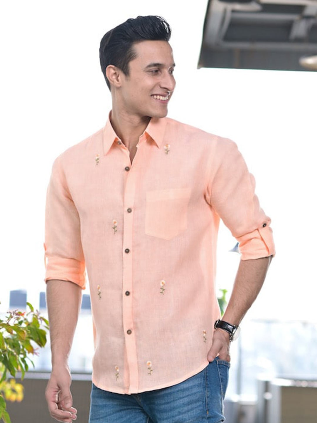 

Hatheli Floral Embroidered Cotton Shirt, Peach